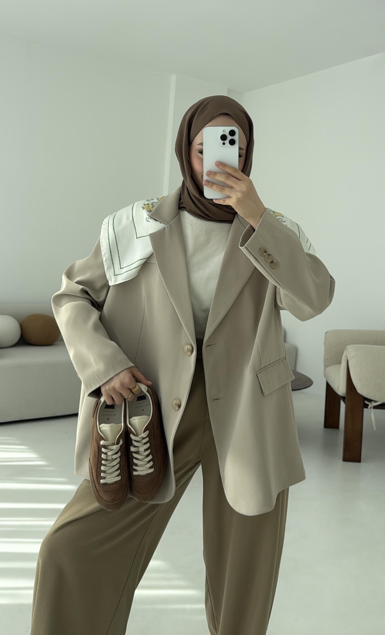 Çift Dügmeli Oversize Blazer Ceket Taş