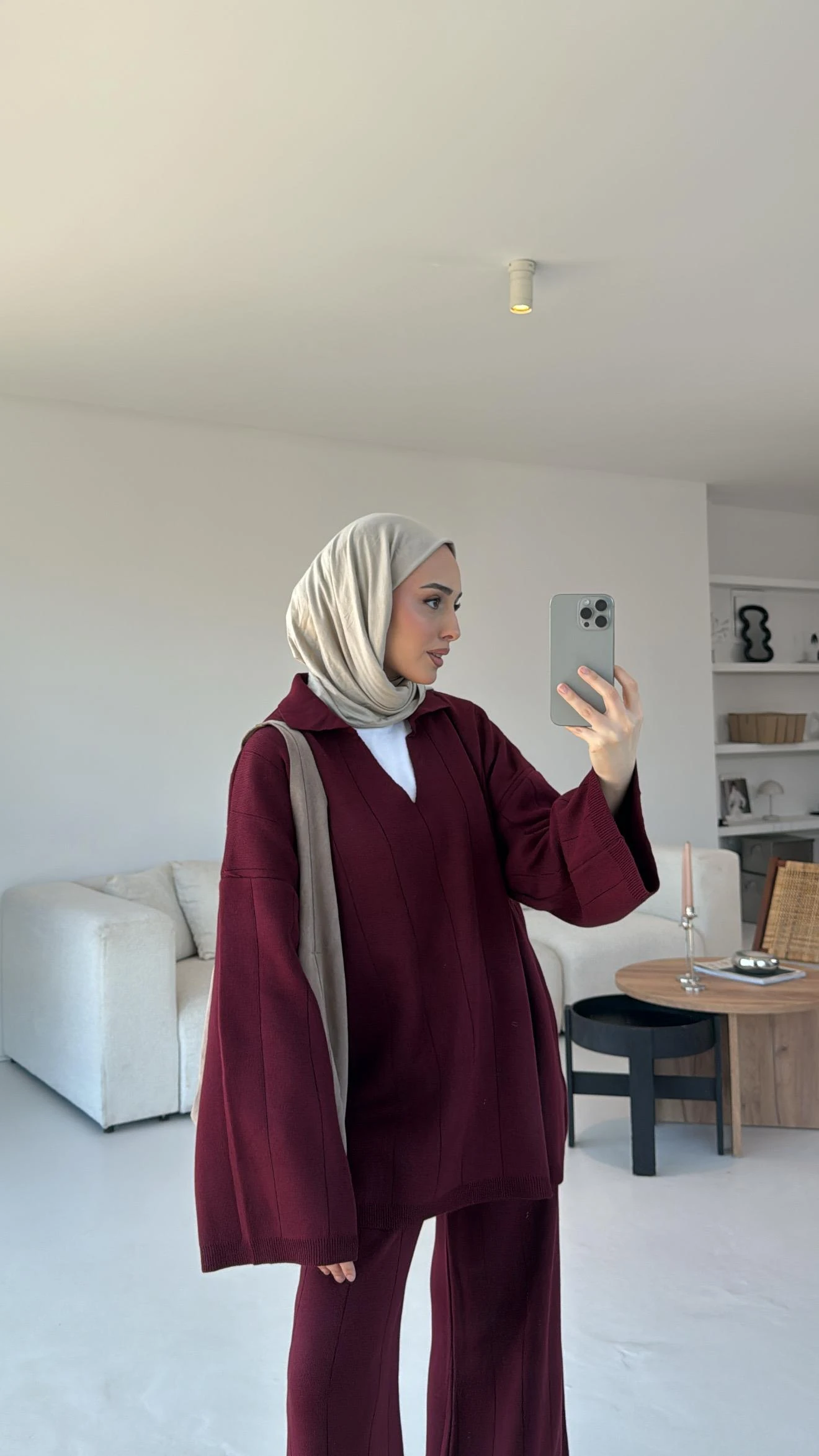 Düz Fitilli Triko Takım Bordo