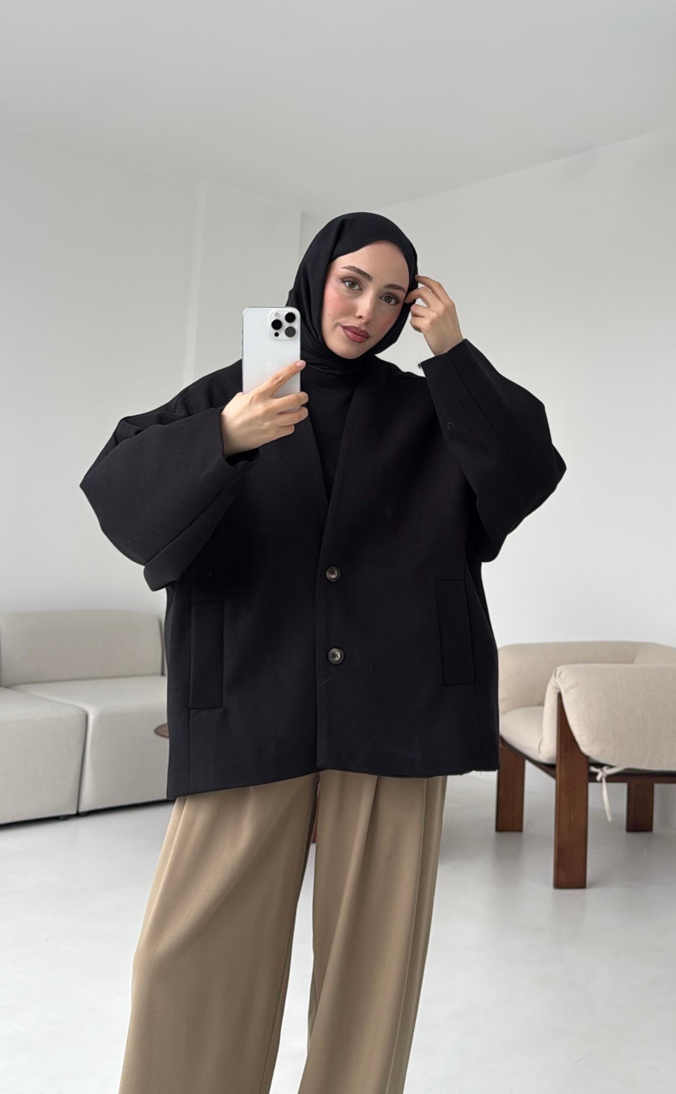 Soft Oversize Kaşe Kaban Siyah