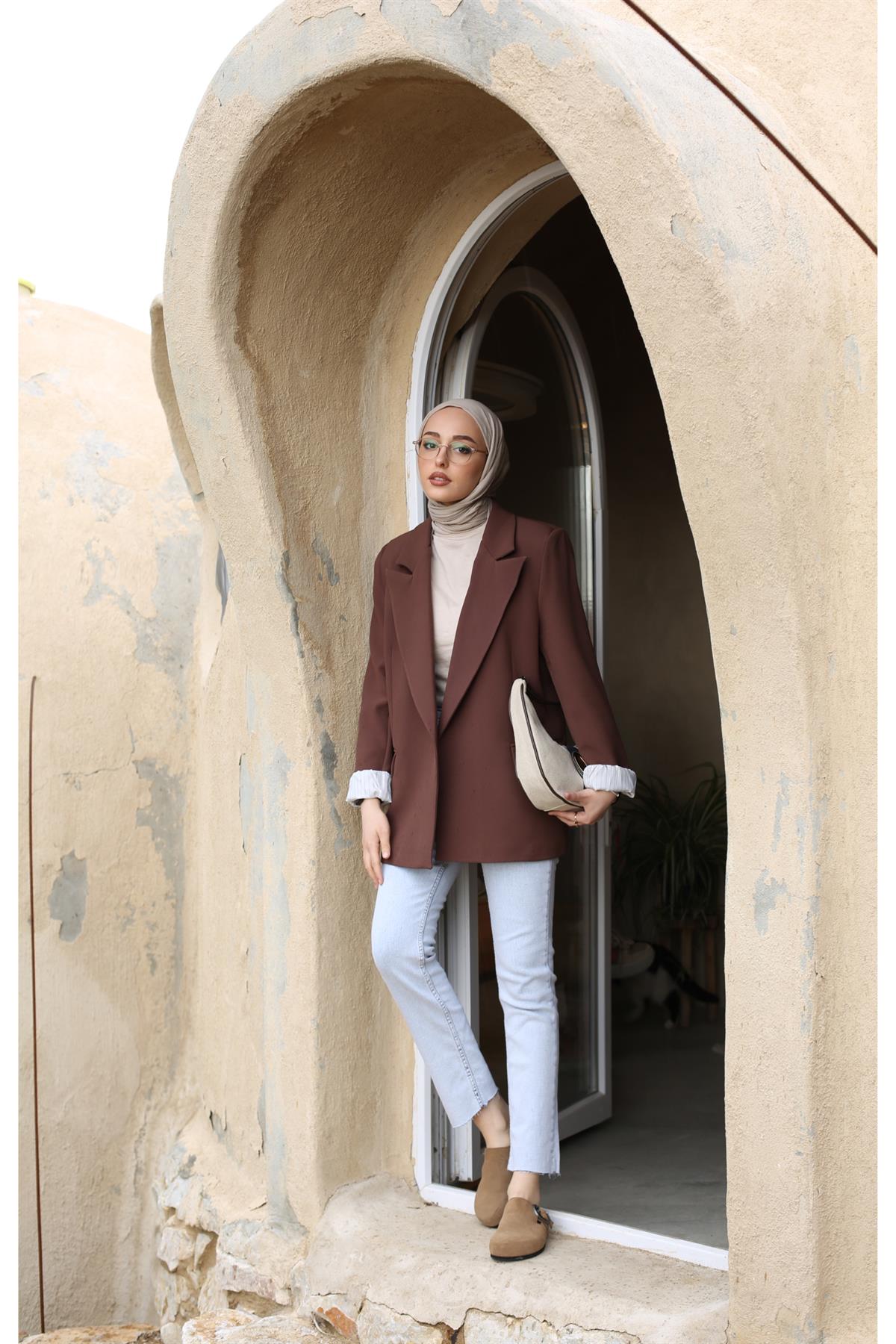 İç Astarı Çizgili Blazer Ceket Kahve