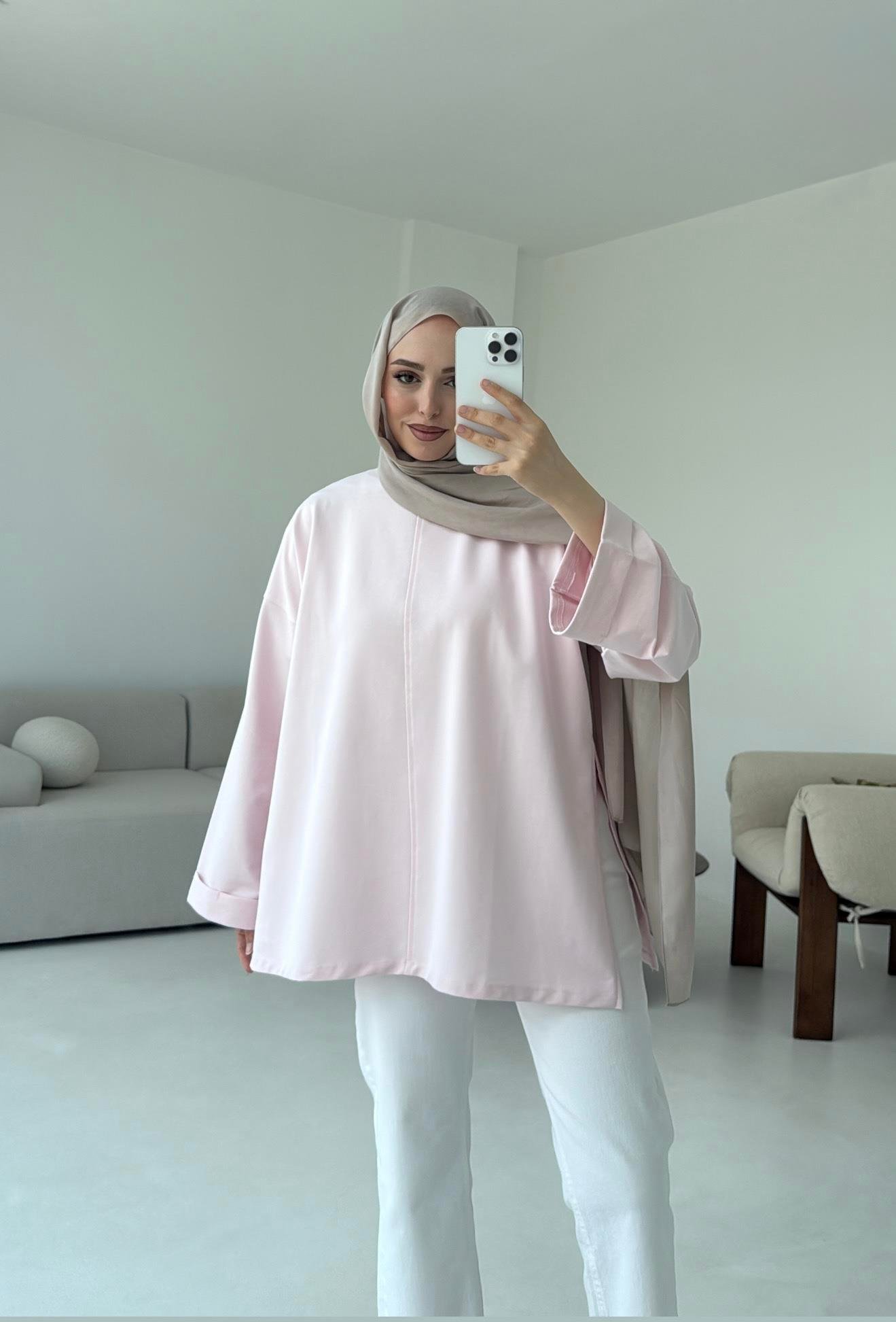 Bağlamalı Yanı Yırtmaç Detay Sweat Pudra