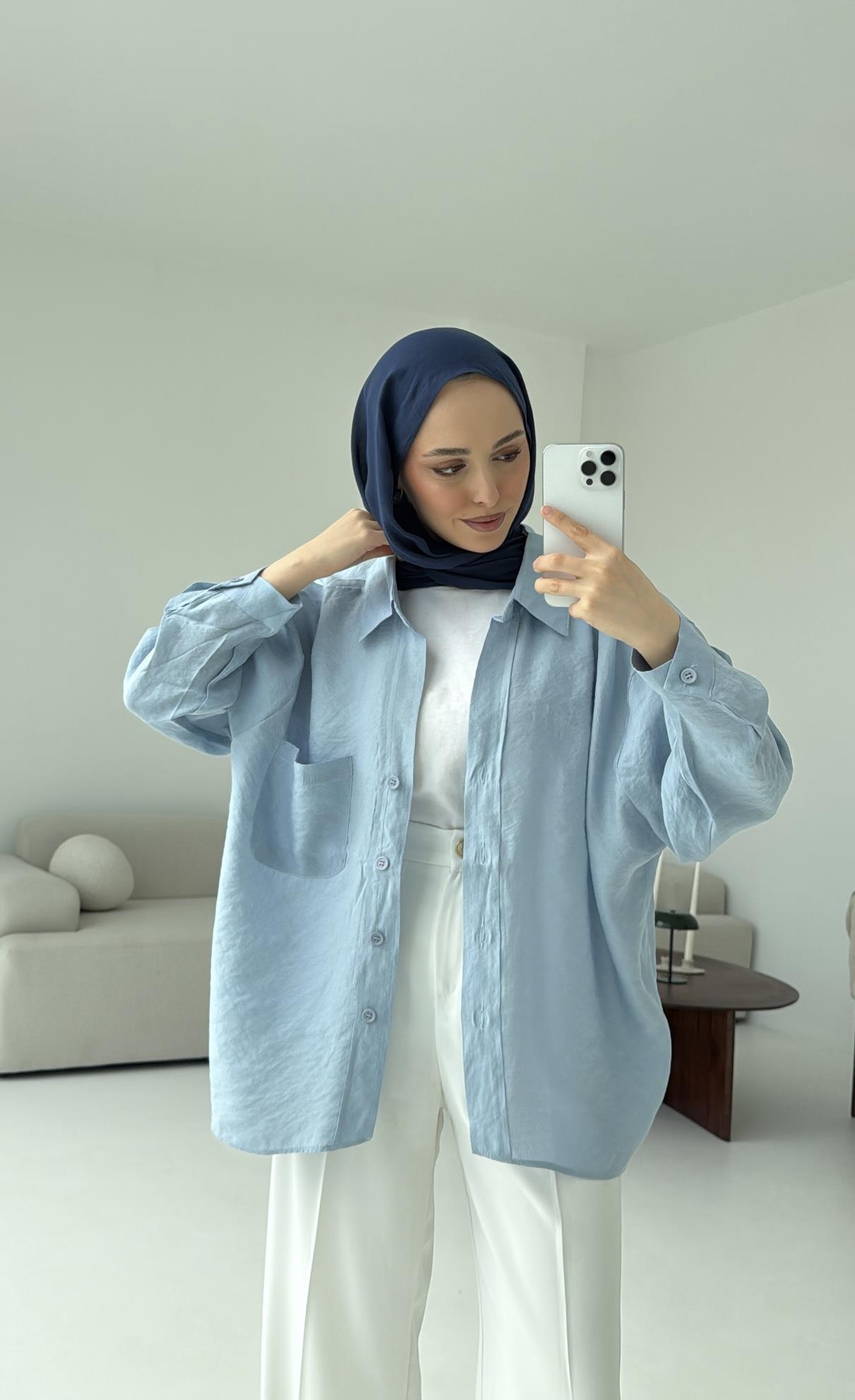 Düşük Omuz Oversize Gömlek Mavi