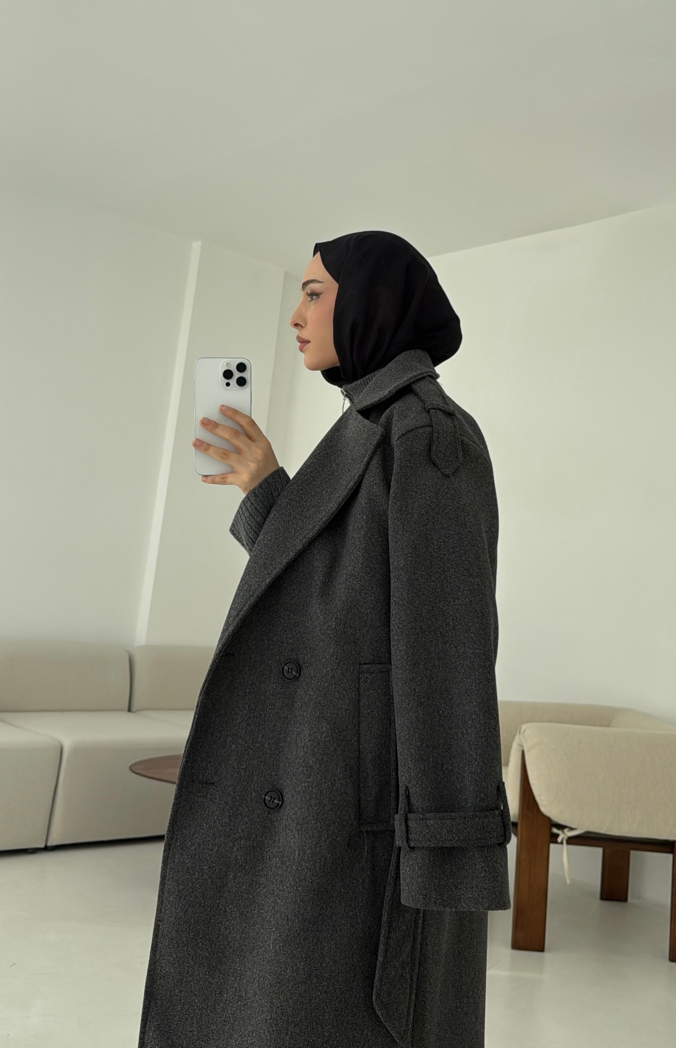 Premium Uzun Kaşe Kaban Antrasit