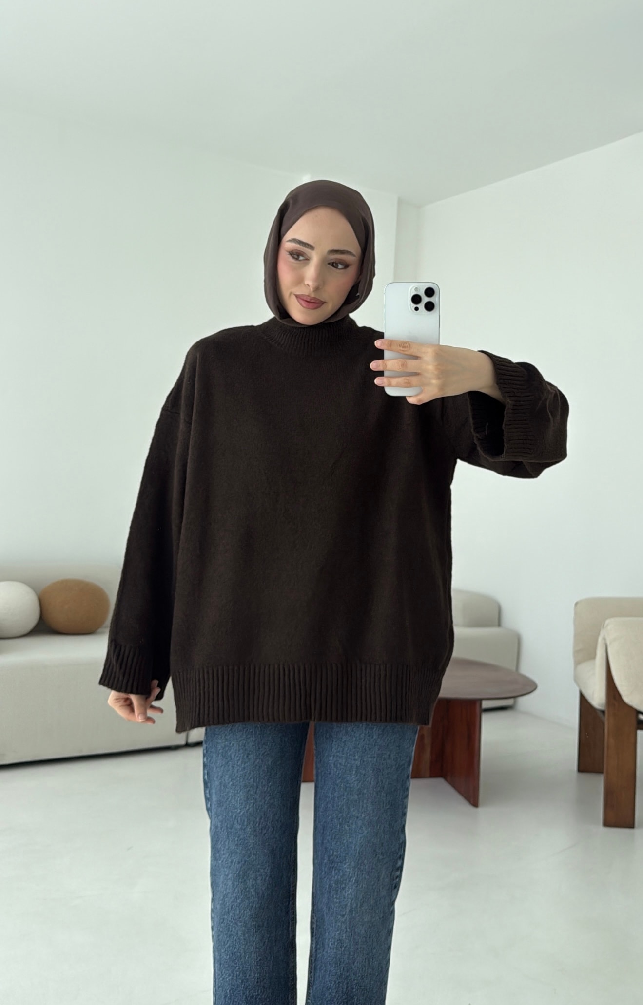 Yarım Yaka Triko Kazak Koyu Kahve