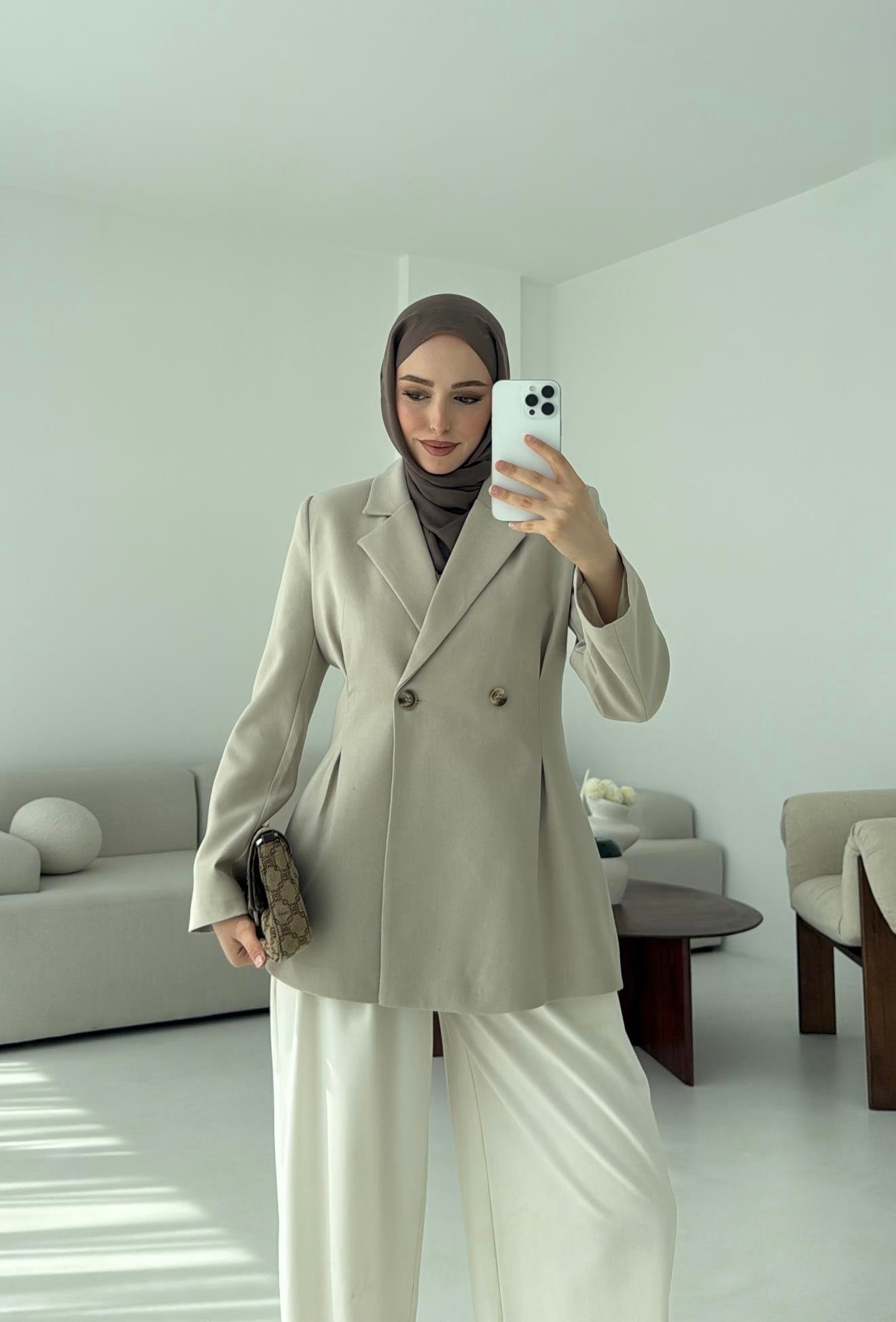 Pile Detay Blazer Ceket Taş