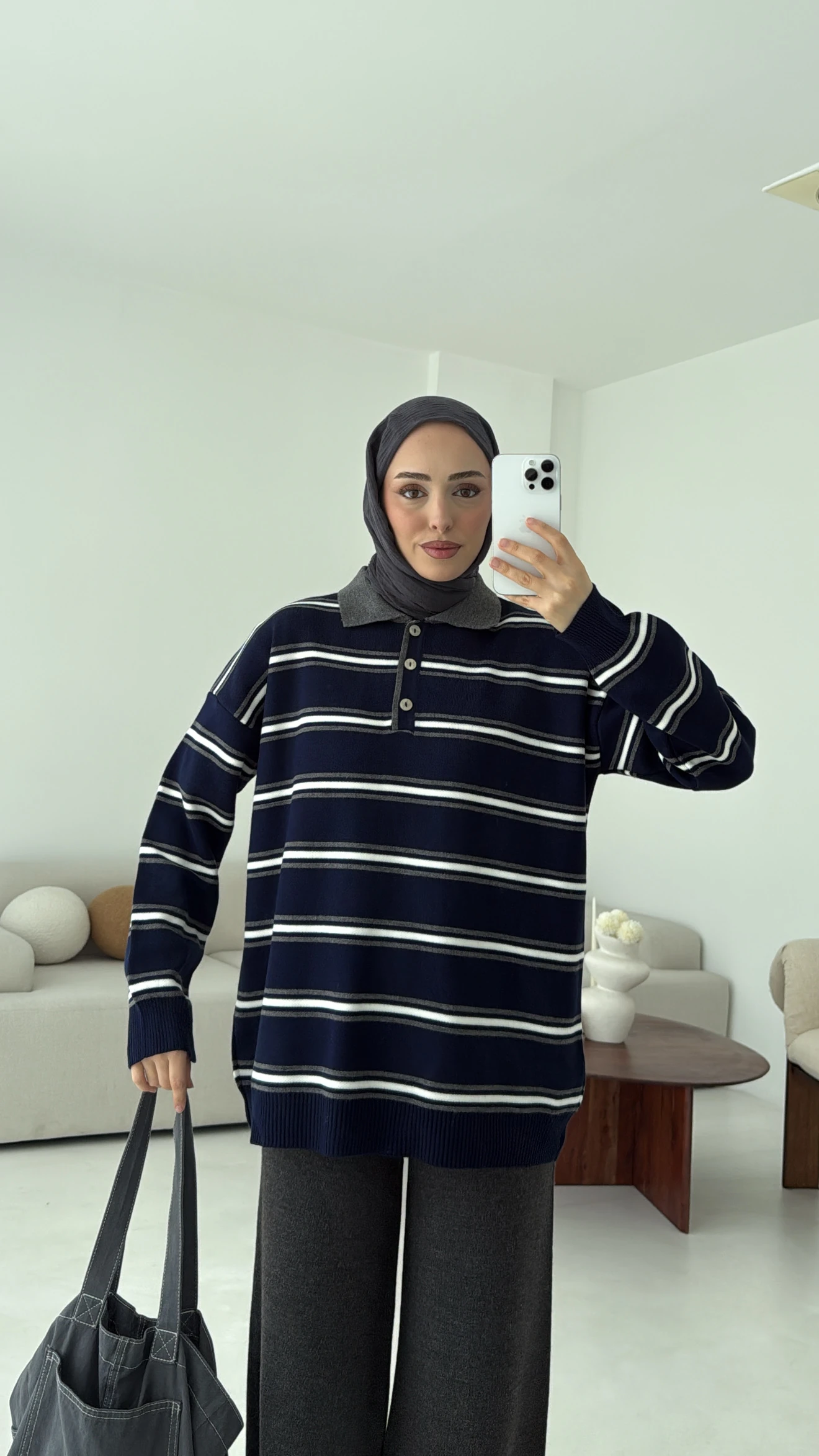 Lacivert Çizgili Polo Yaka Triko Kazak