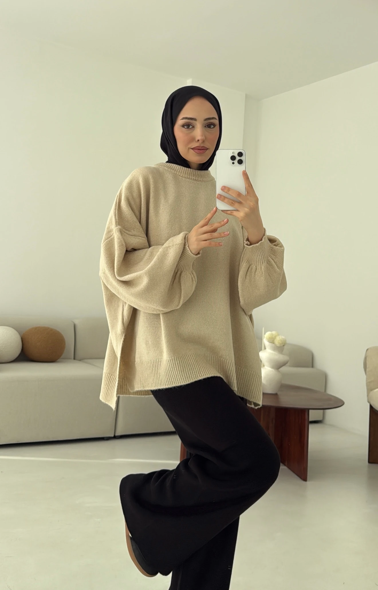 Yırtmaç Detay Balon Kol Kazak Bej