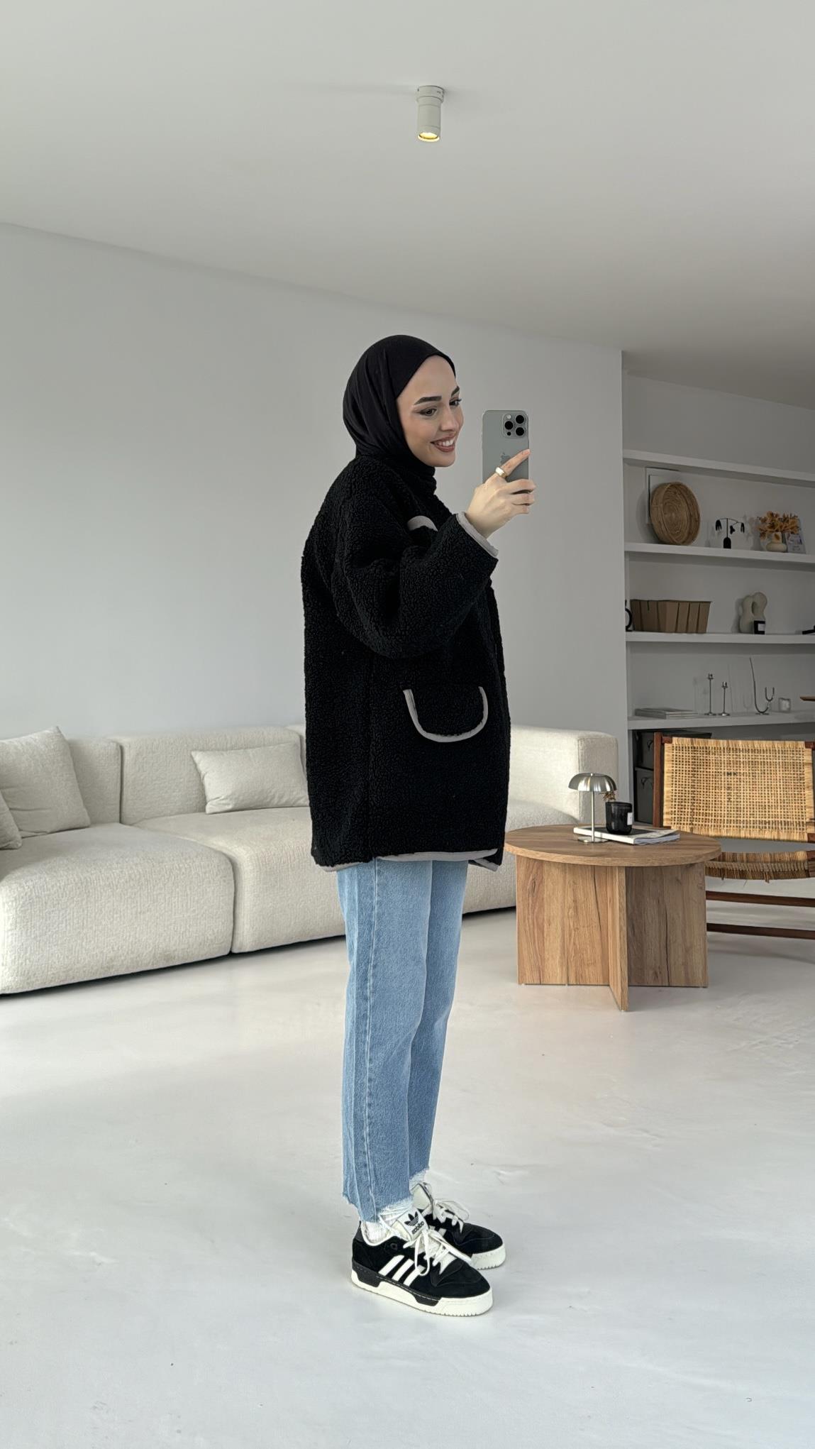 Düğmeli Oversize Teddy Ceket Siyah