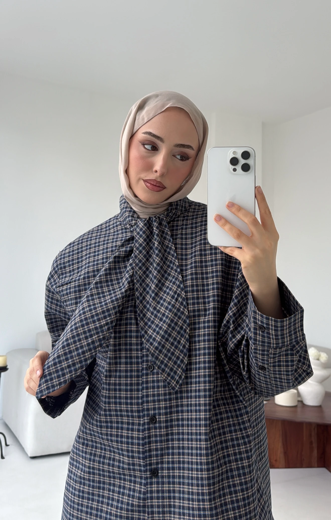 Fular Detay Ekose Gömlek Lacivert 