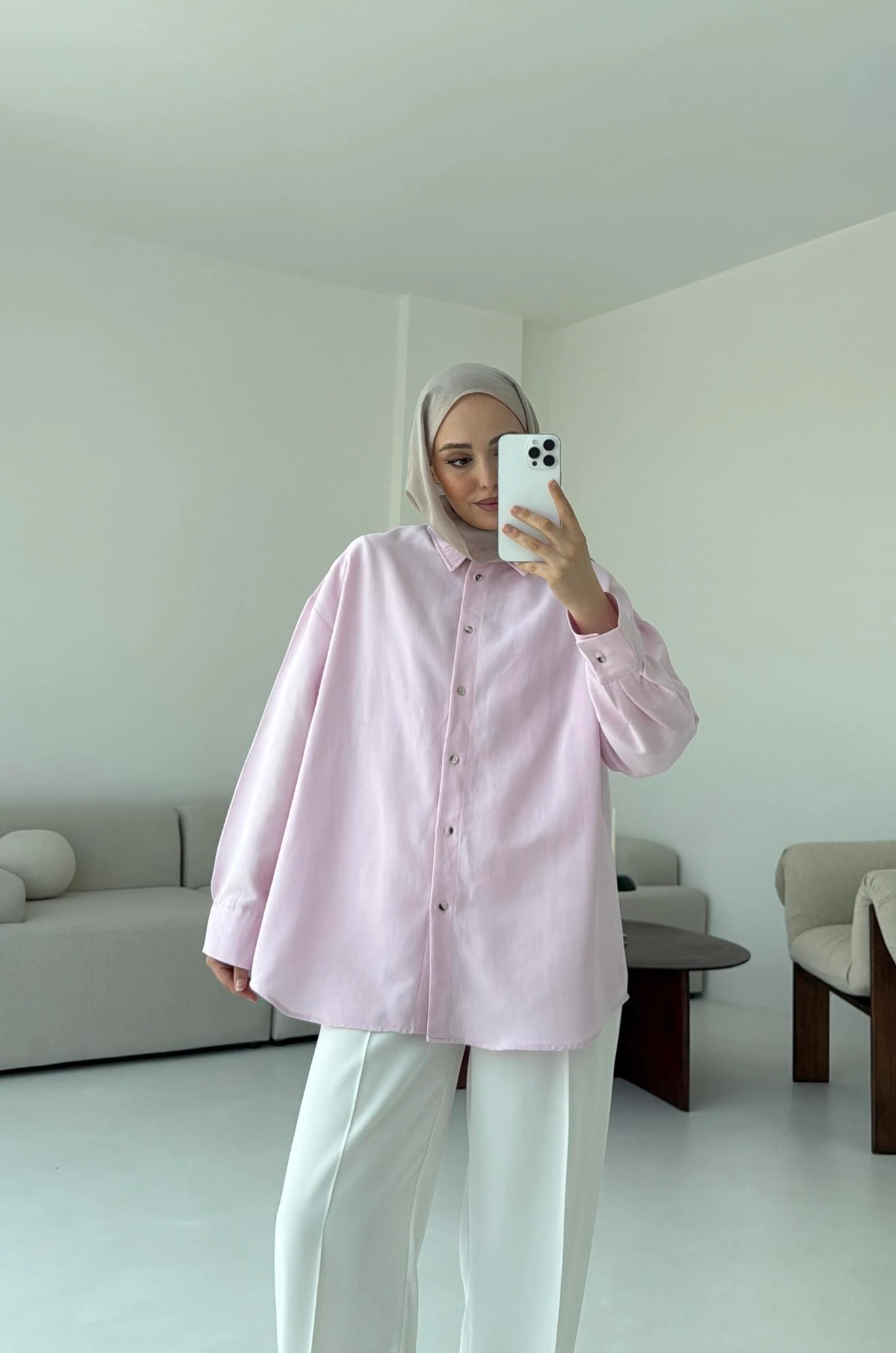 Basic Oversize  Keten Gömlek Pembe