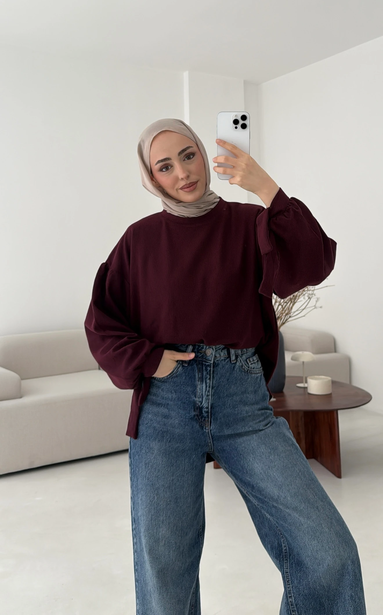 Selanik Balon Kol Bagcıklı Sweat Bordo