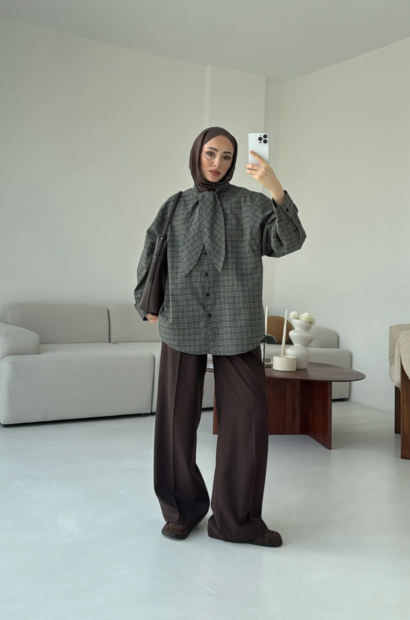 Fular Detay Ekose Gömlek Haki/Kahve