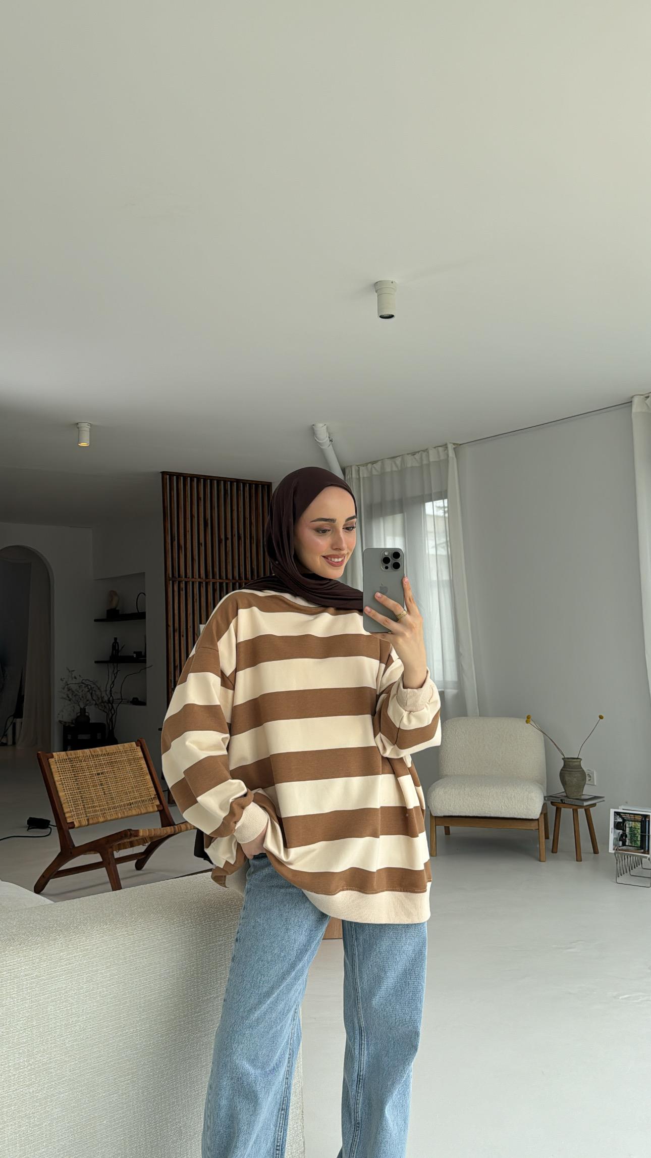 Çizgili Oversize Sweatshirt Kahve