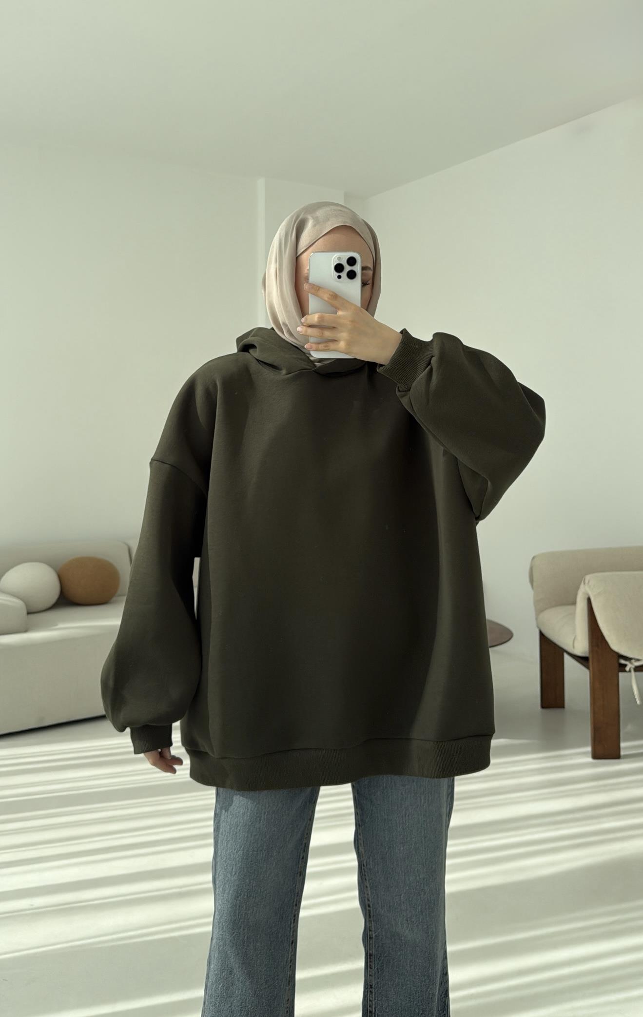 Kapüşonlu Oversize Şardonlu Sweatshirt Haki