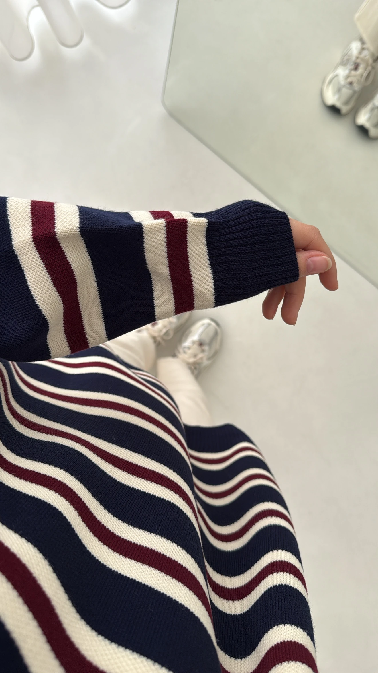 Bisiklet Yaka Çizgili Uzun Triko Kazak Lacivert