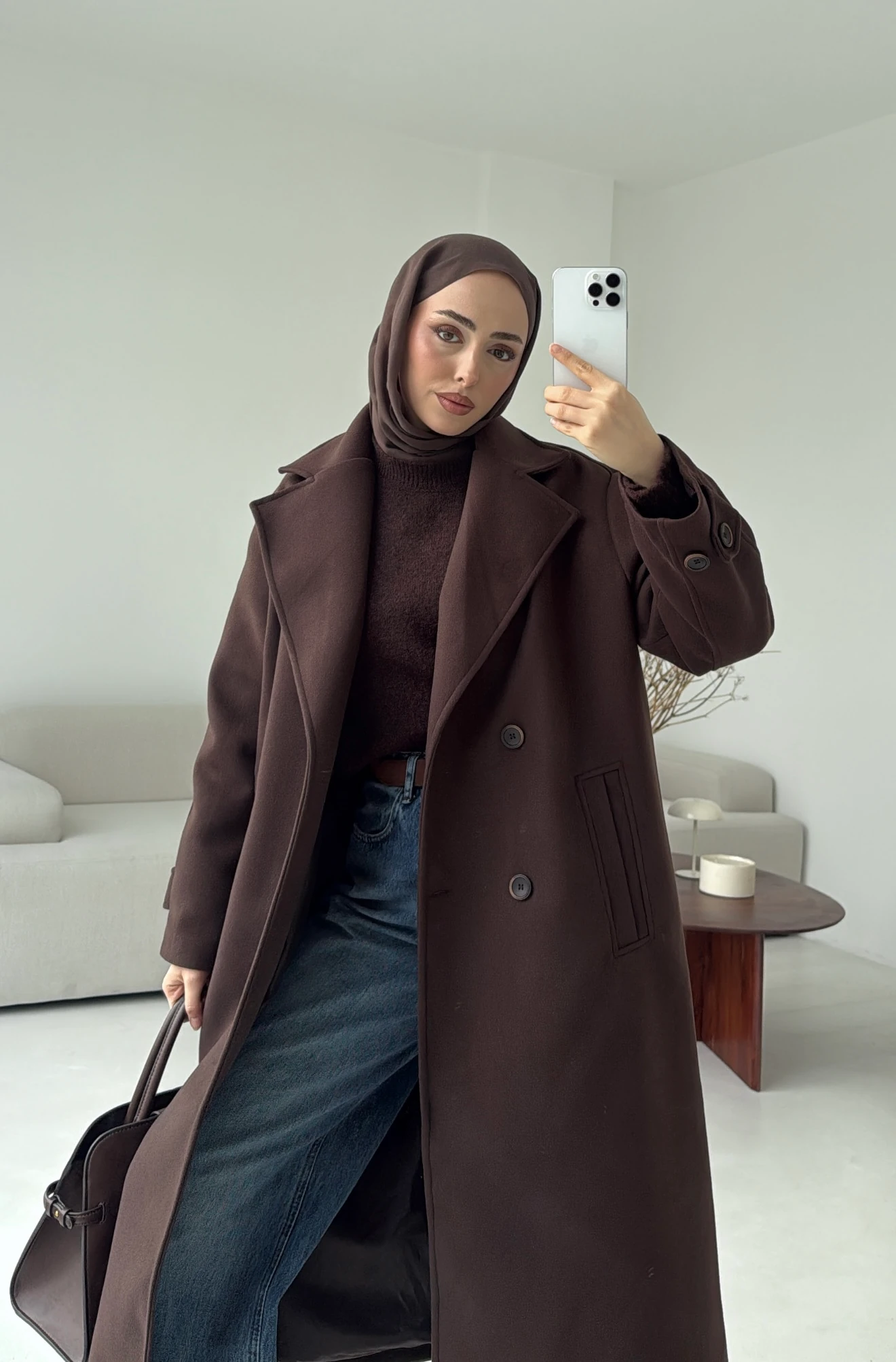 Çift Düğmeli Uzun Kaban Kahve