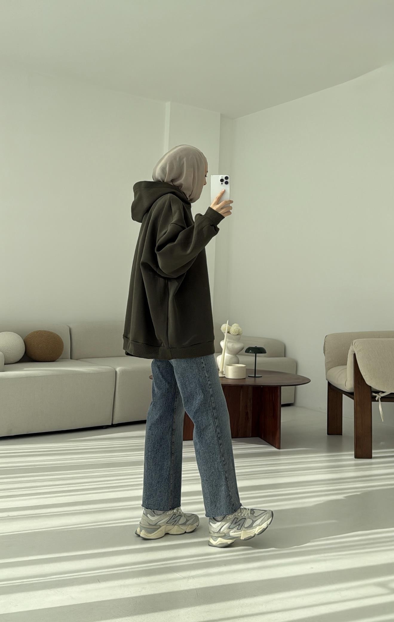 Kapüşonlu Oversize Şardonlu Sweatshirt Haki