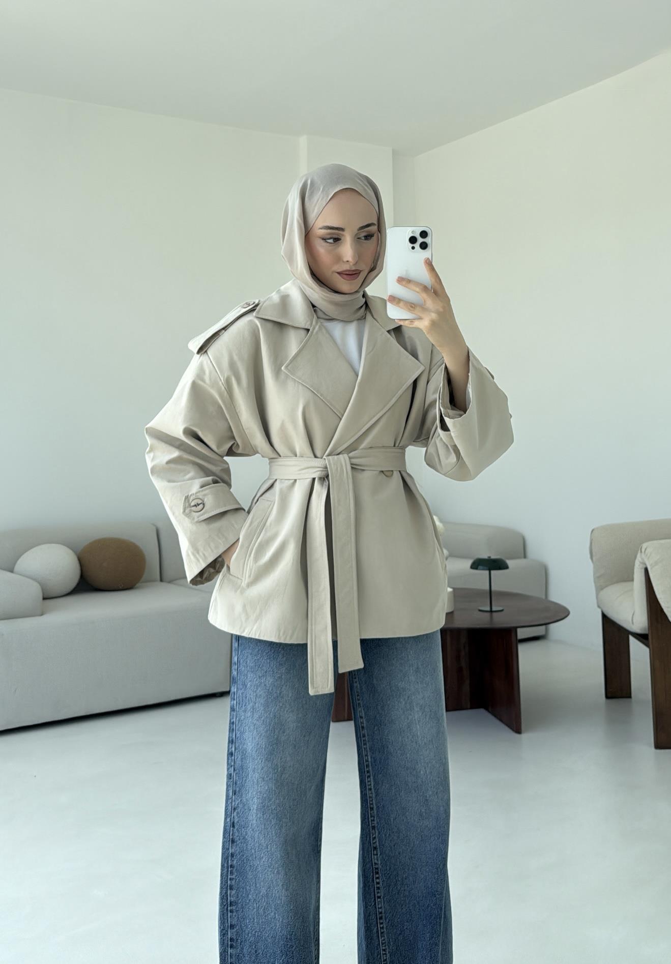 Vatkalı Kısa Trençkot Taş