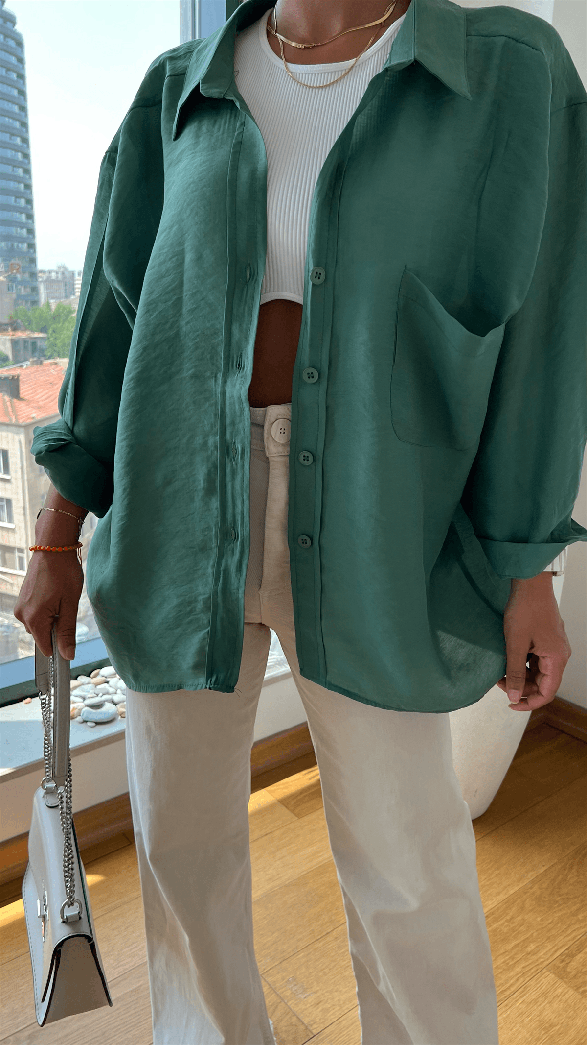 Oversize Pamuk Saten Gömlek Yeşil