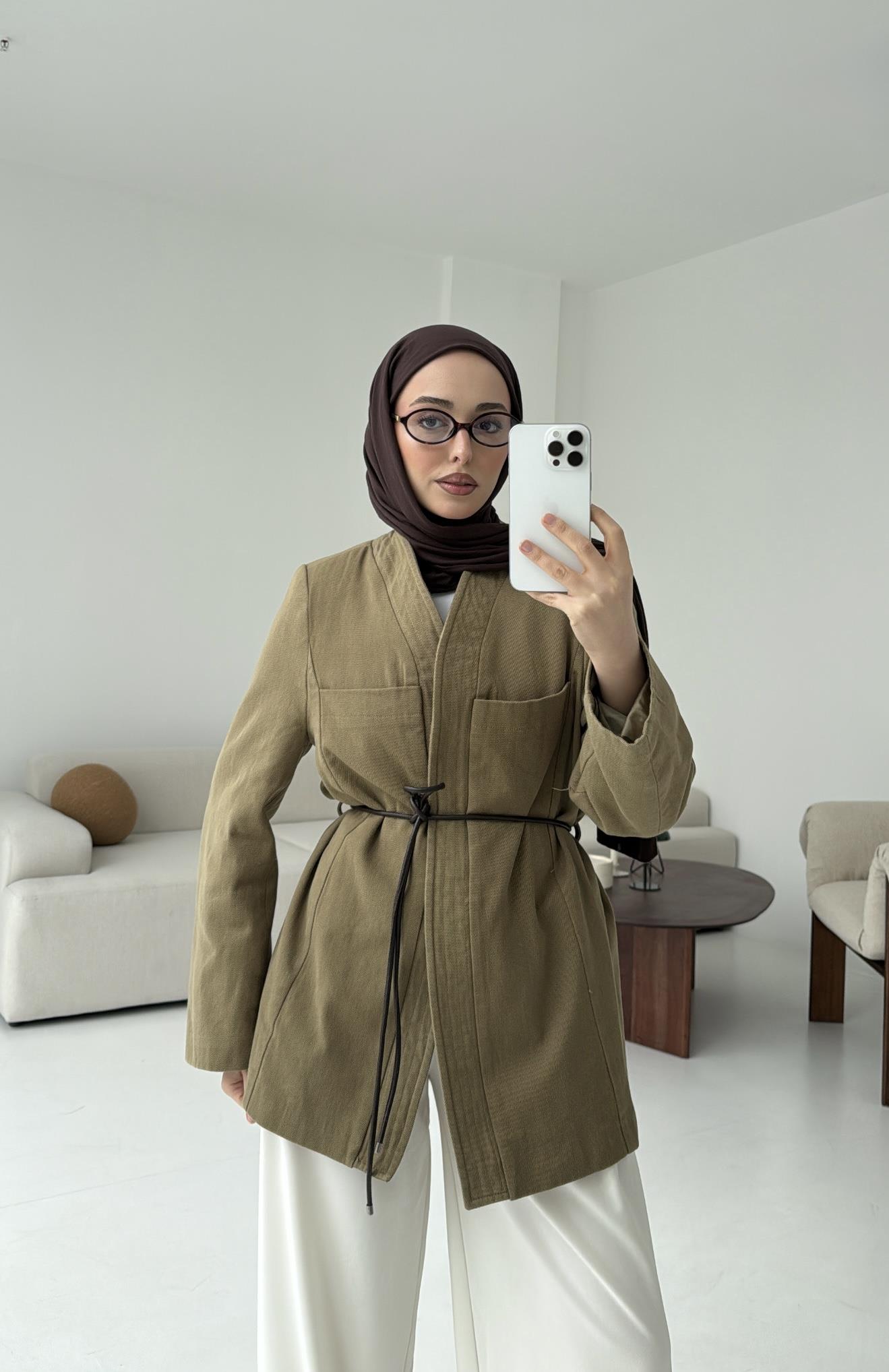 Gabardin Kemerli Ceket Haki