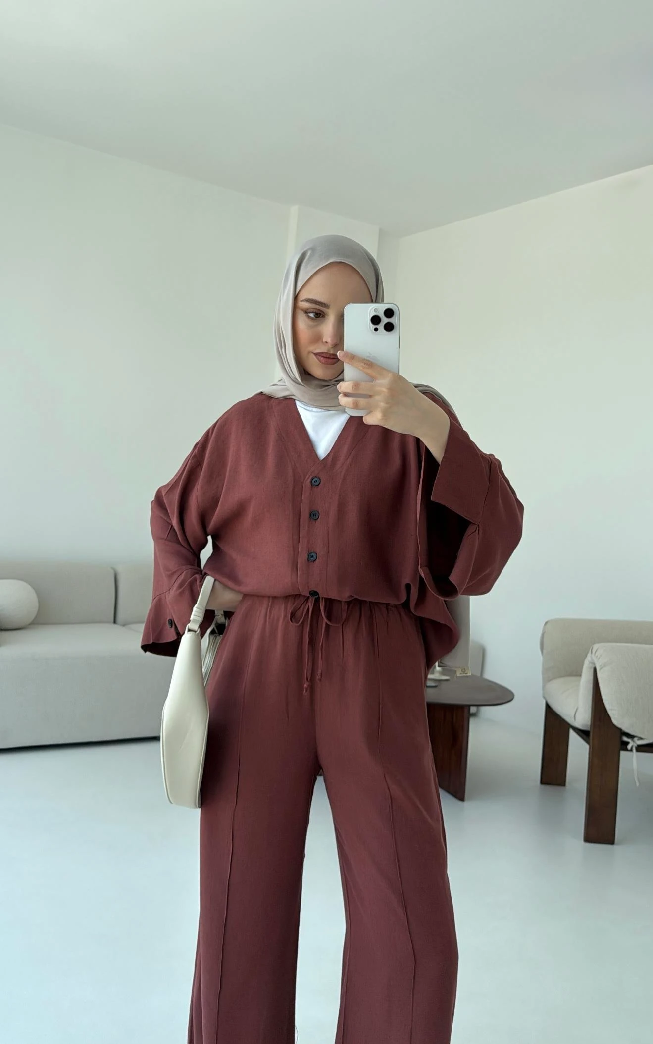 Düğmeli Kimono Takım Kiremit