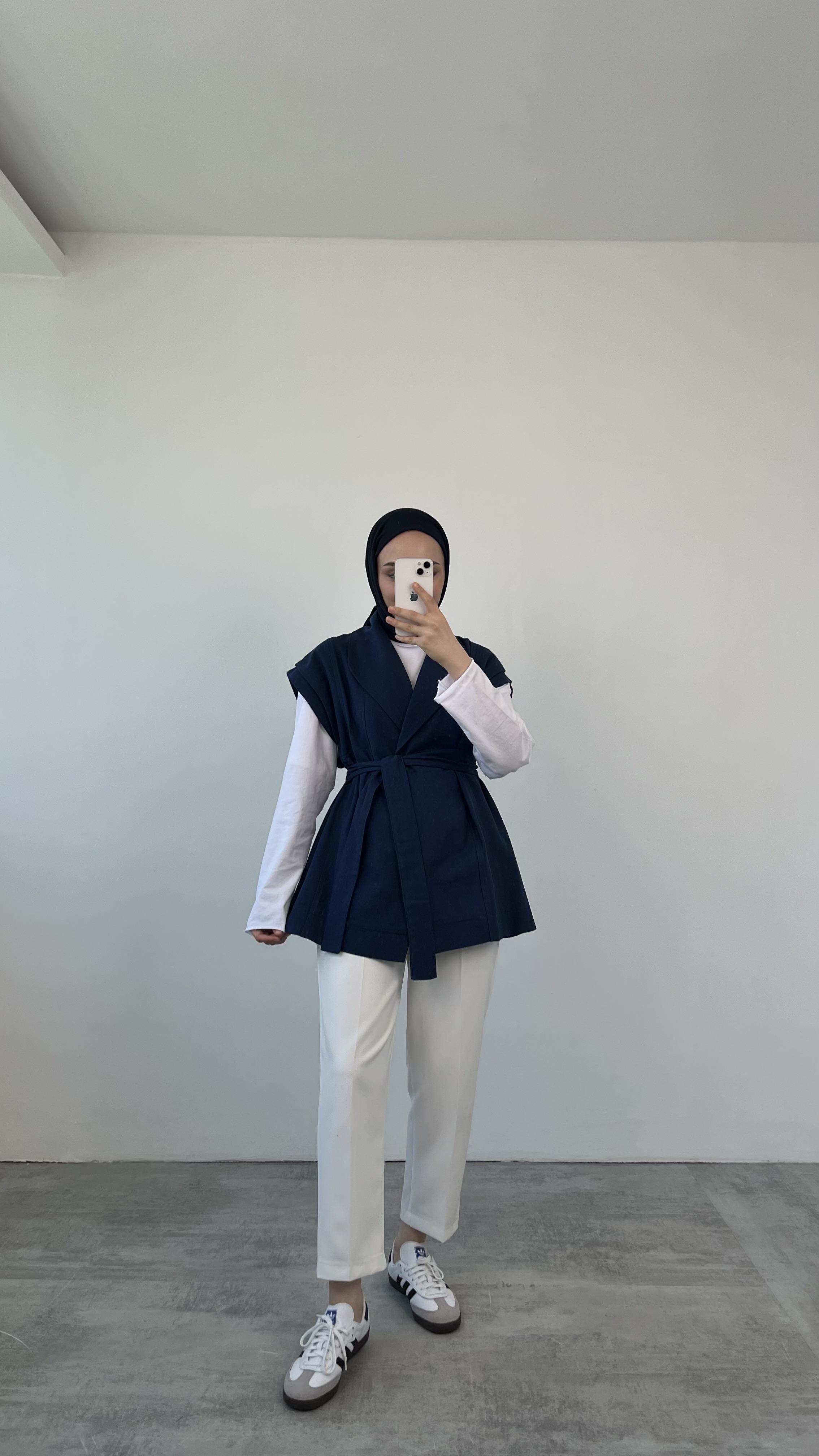 Bağlamalı Keten Yelek Lacivert