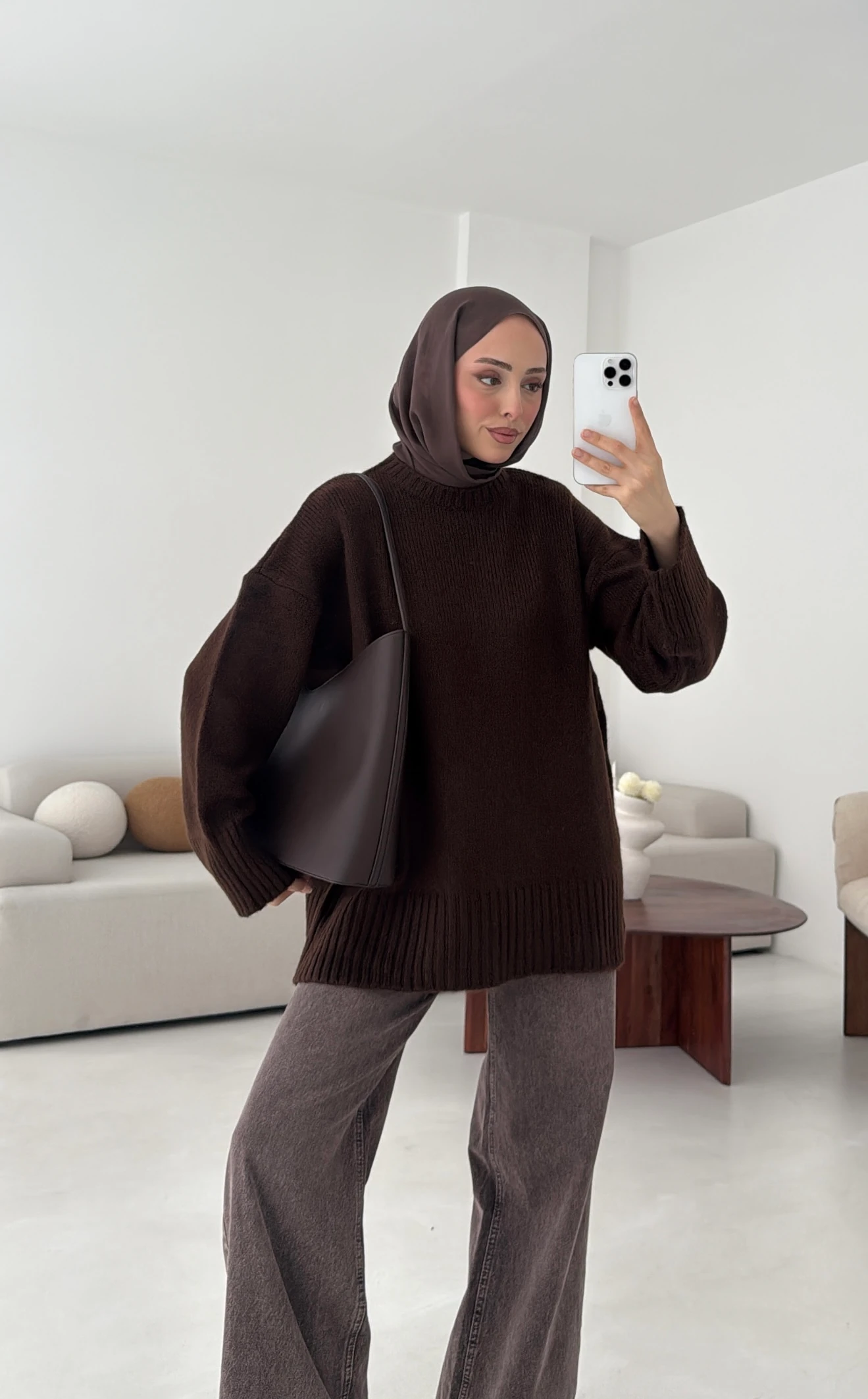 Çift Kat Triko Kazak Kahve