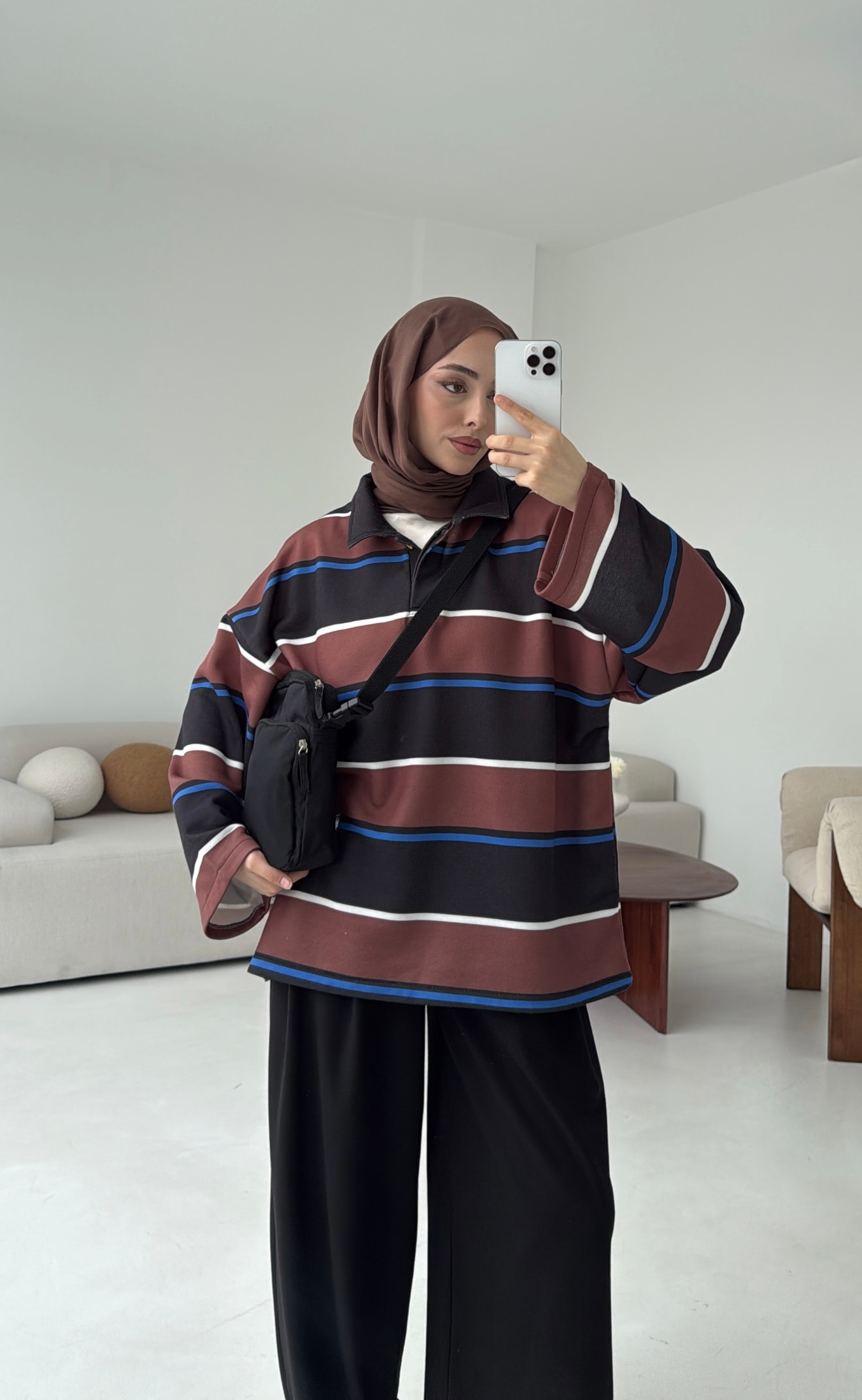 Fleece Polo Yaka Sweatshirt Kahve