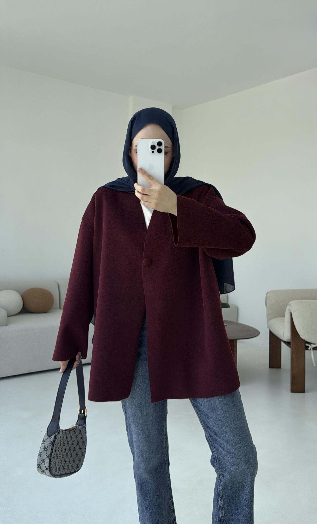 Hafif Tek Dügmeli Kaşe Ceket Bordo