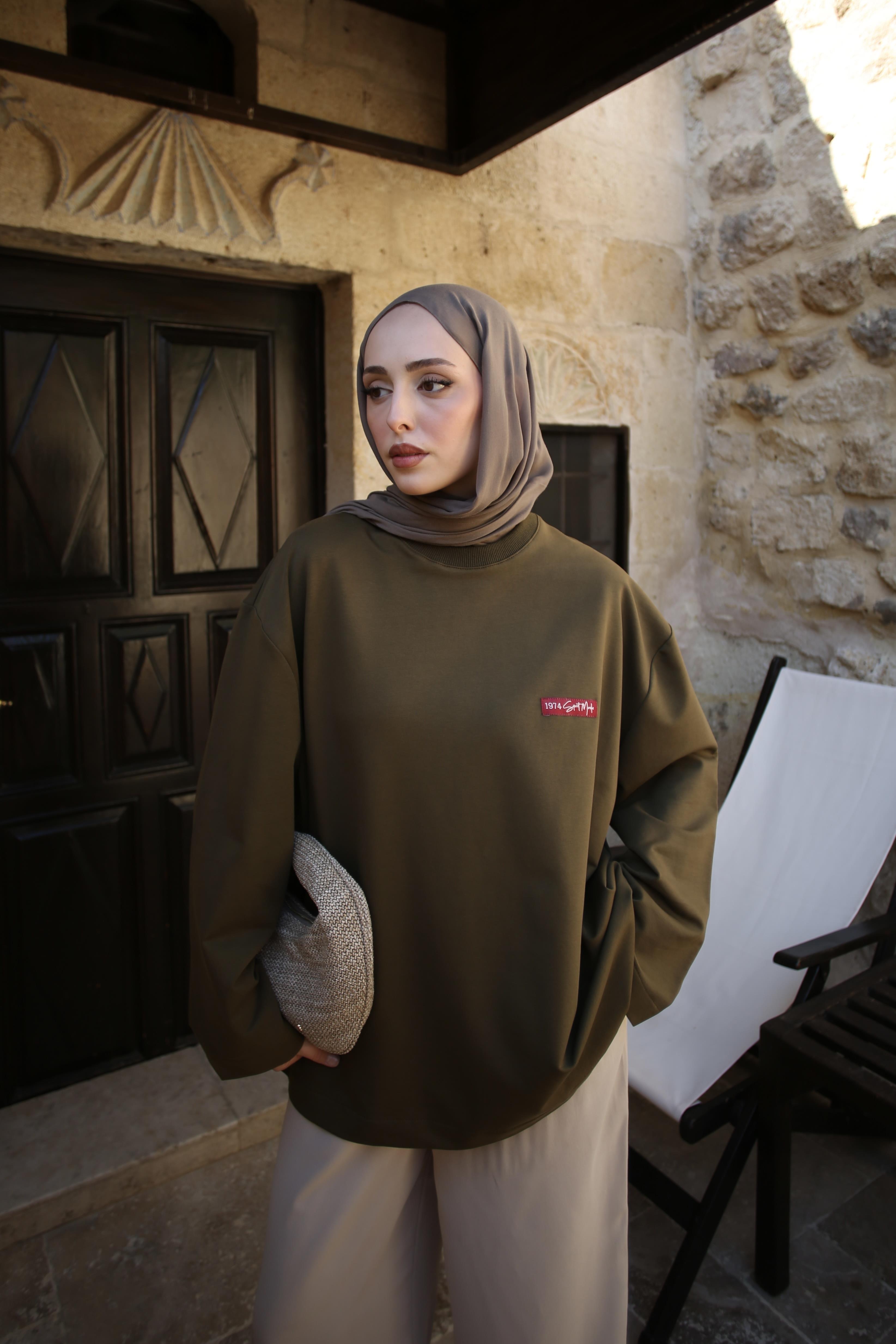 Etiket Baskılı Yazlık Sweatshirt Haki