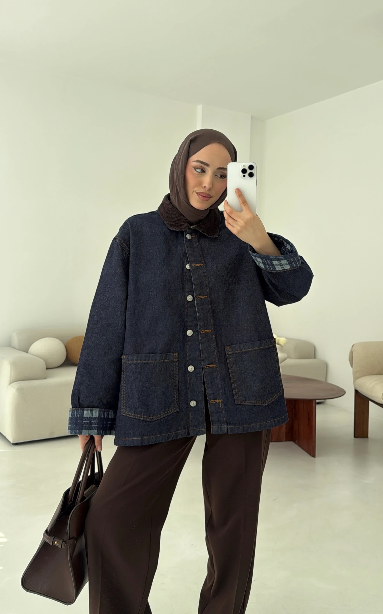 Astarı Ekose Detay Denim Ceket Mavi