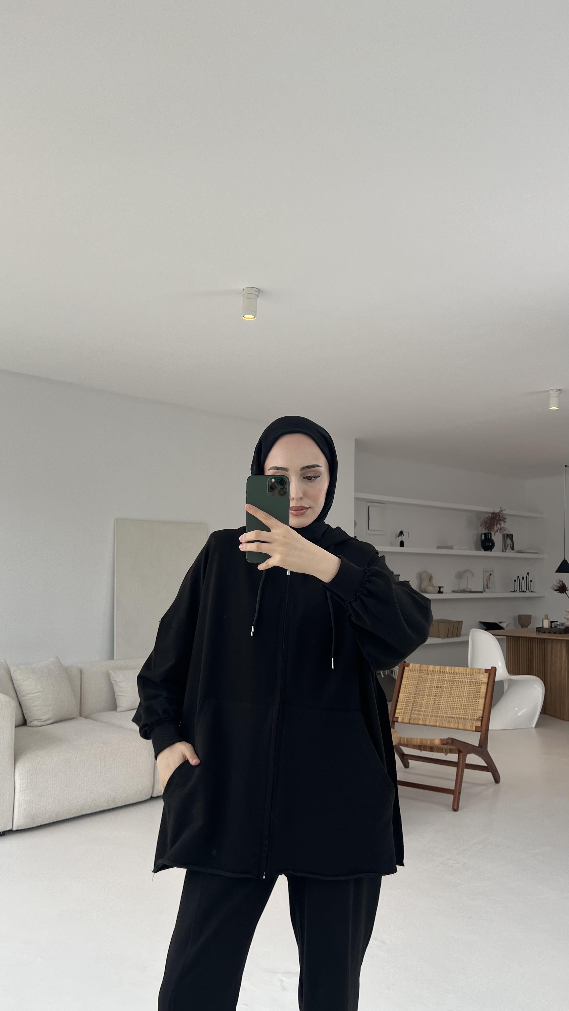 Fermuarlı Dikişsiz Takım Siyah