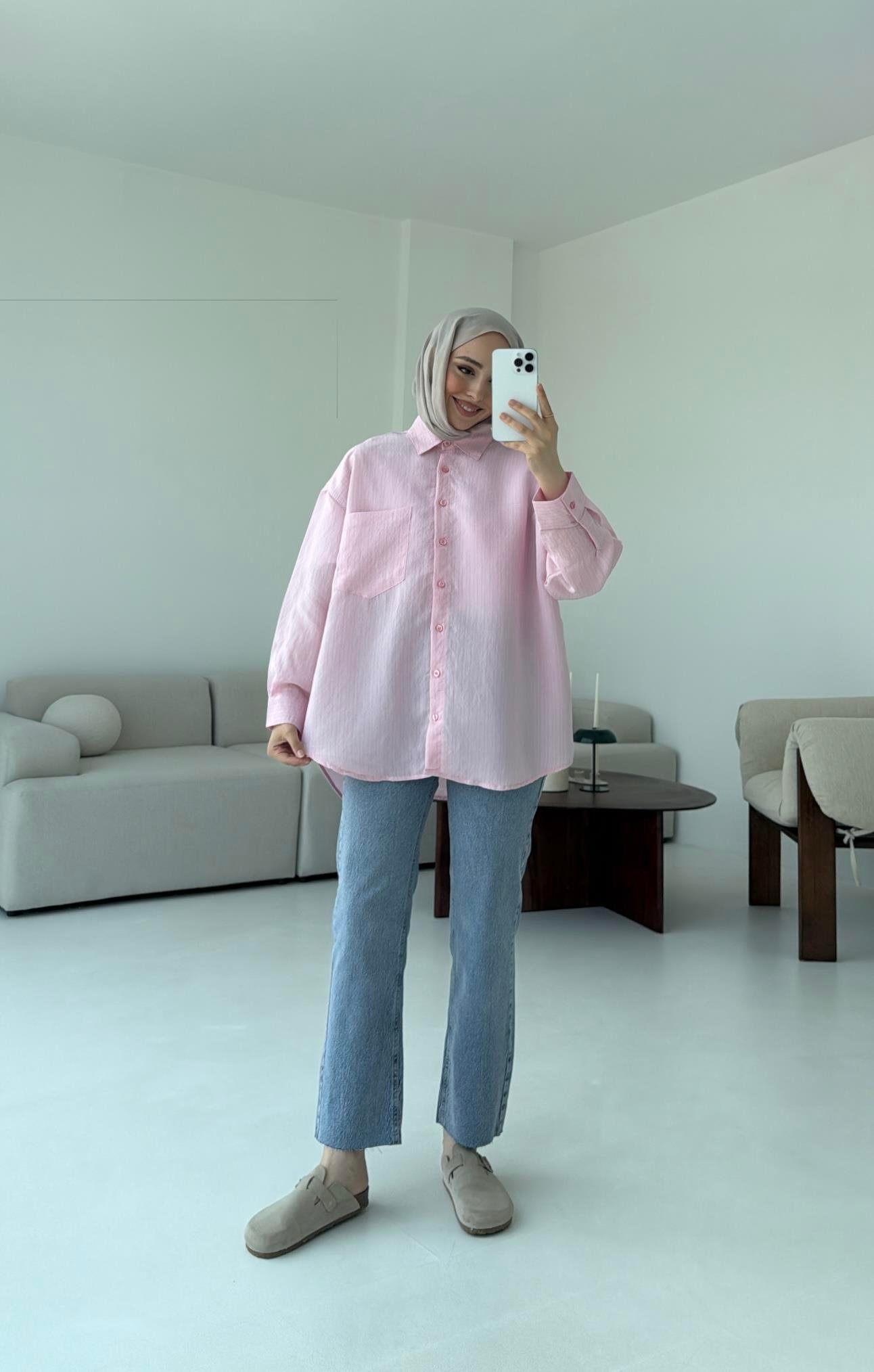 Pembe Tek Cep Çizgili Gömlek