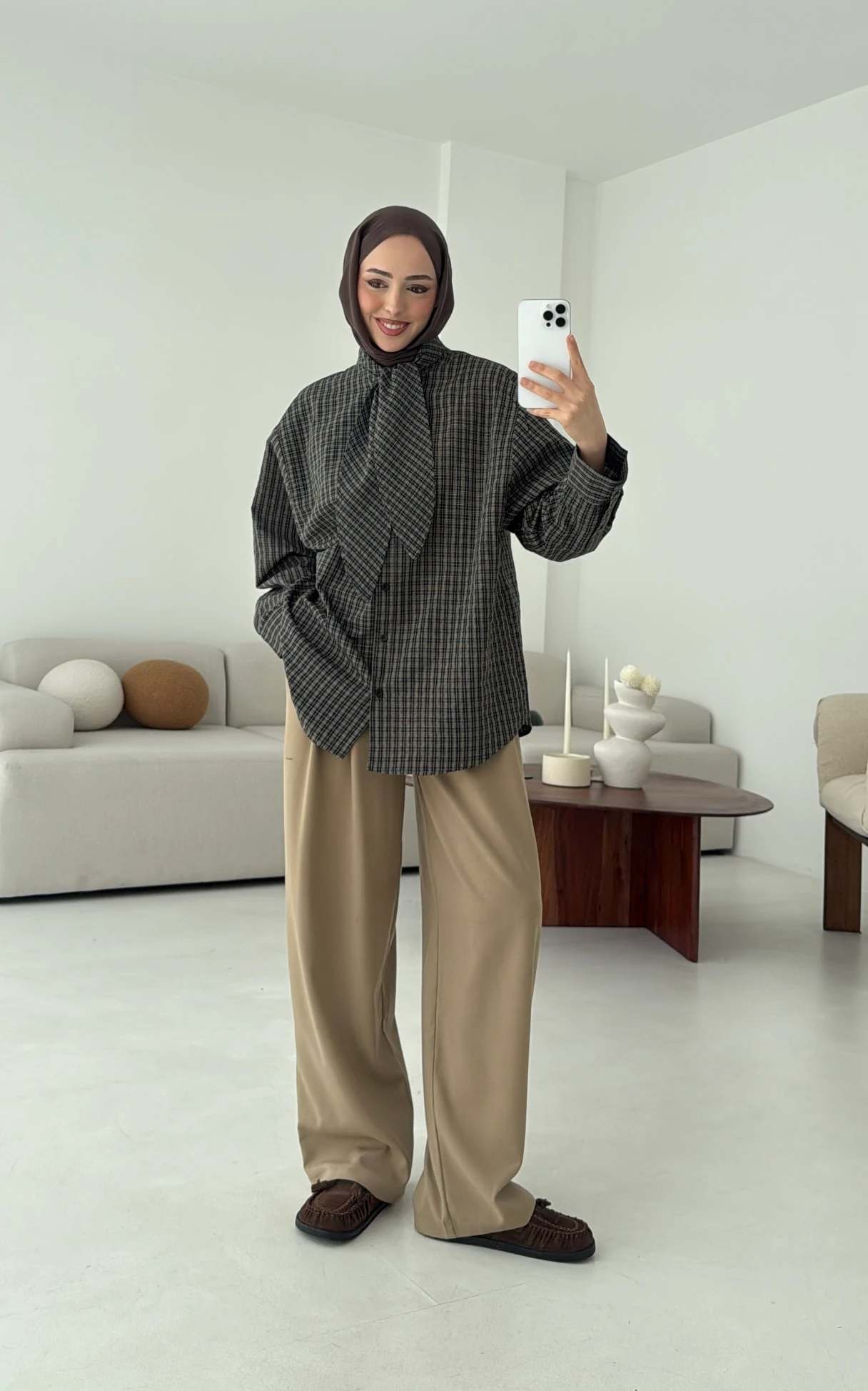 Fular Detay Ekose Gömlek Yeşil