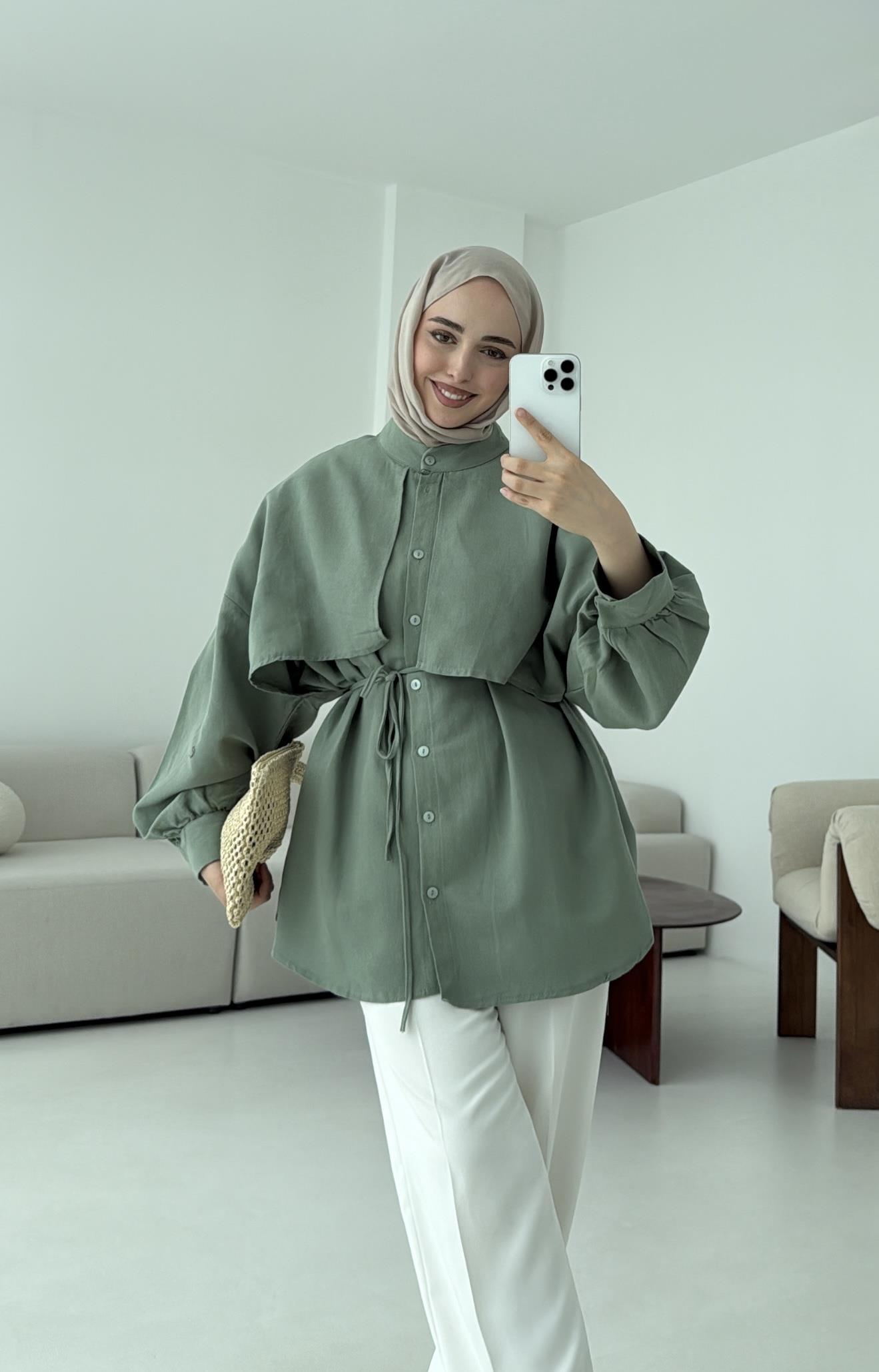 Pelerinli Keten Gömlek Yeşil