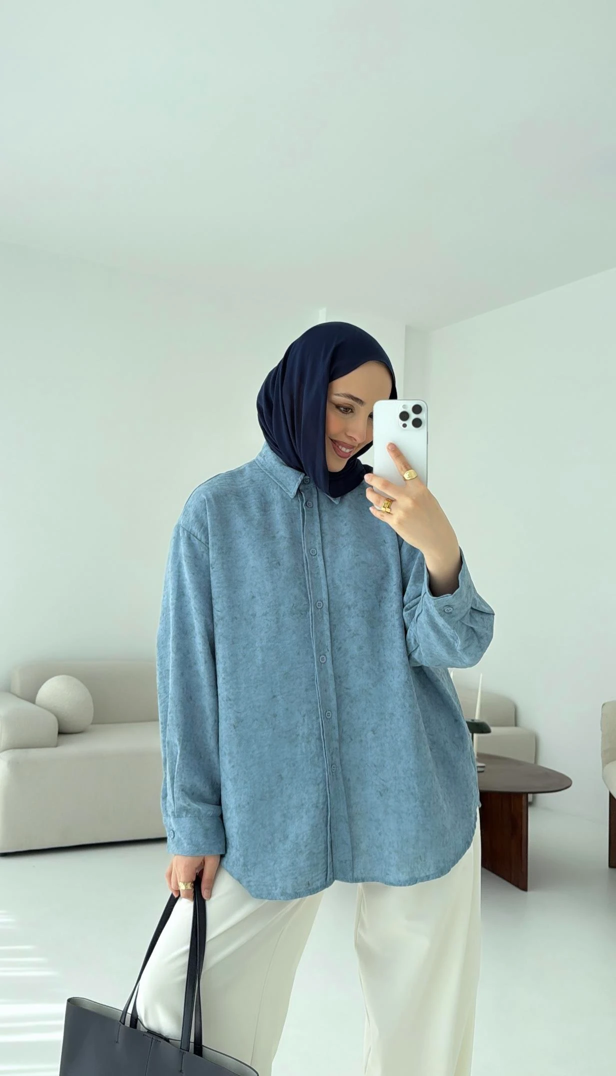 Batik Bambu Keten Gömlek Mavi