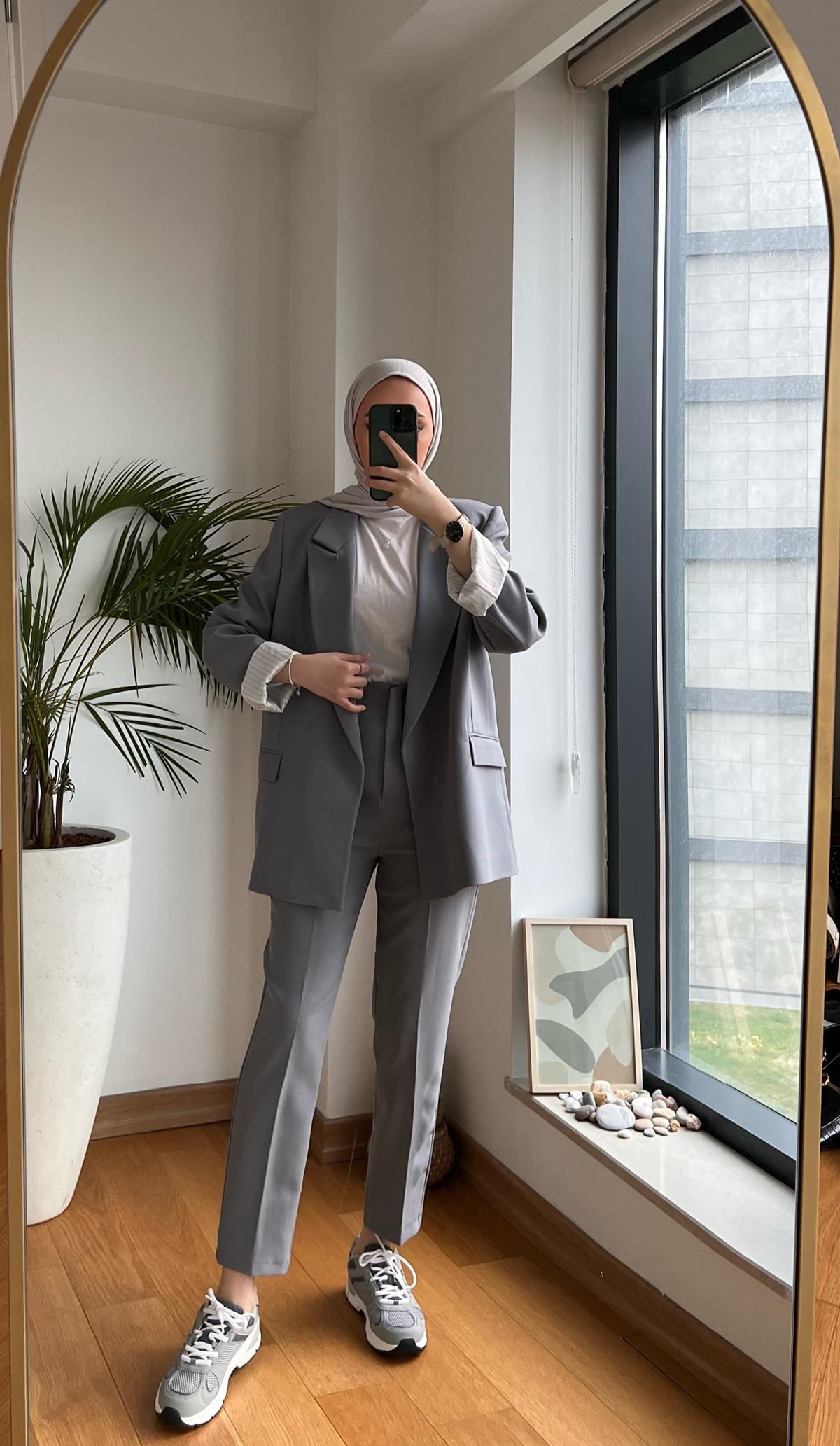 İç Astarı Çizgili Blazer Ceket Gri