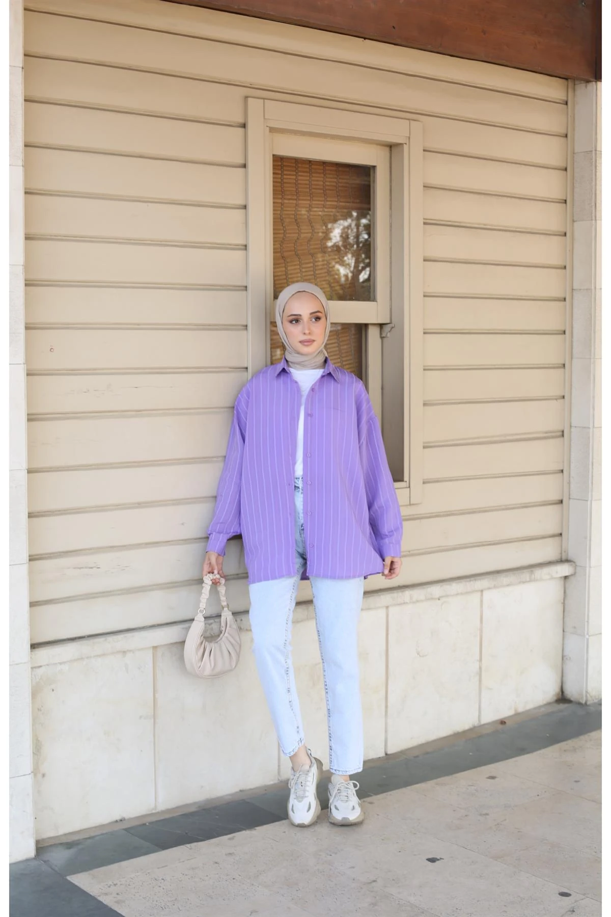 Çizgili Salaş Gömlek Mor