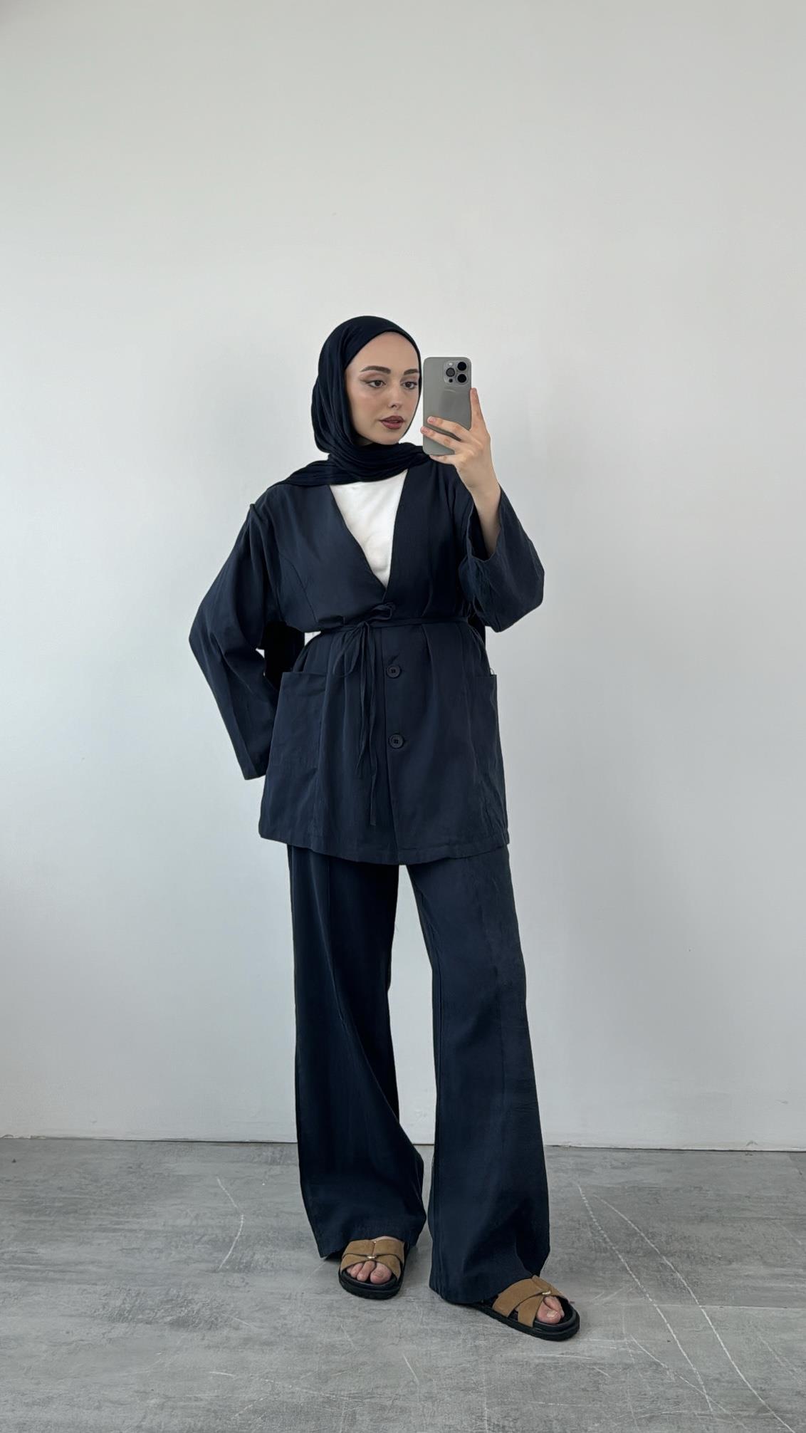 Düğmeli Kimonolu Takım Lacivert