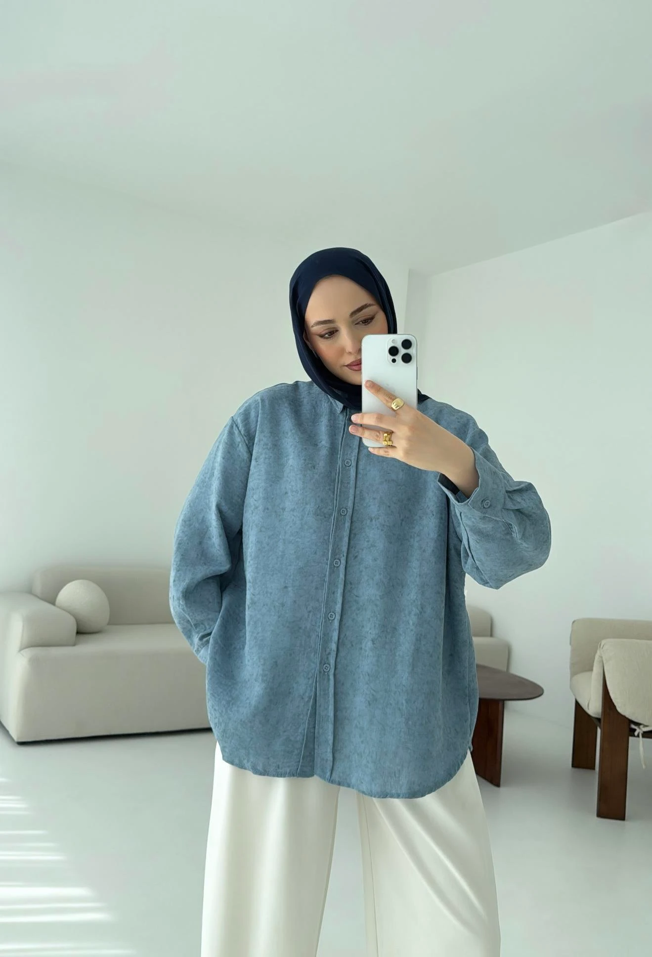 Batik Bambu Keten Gömlek Mavi