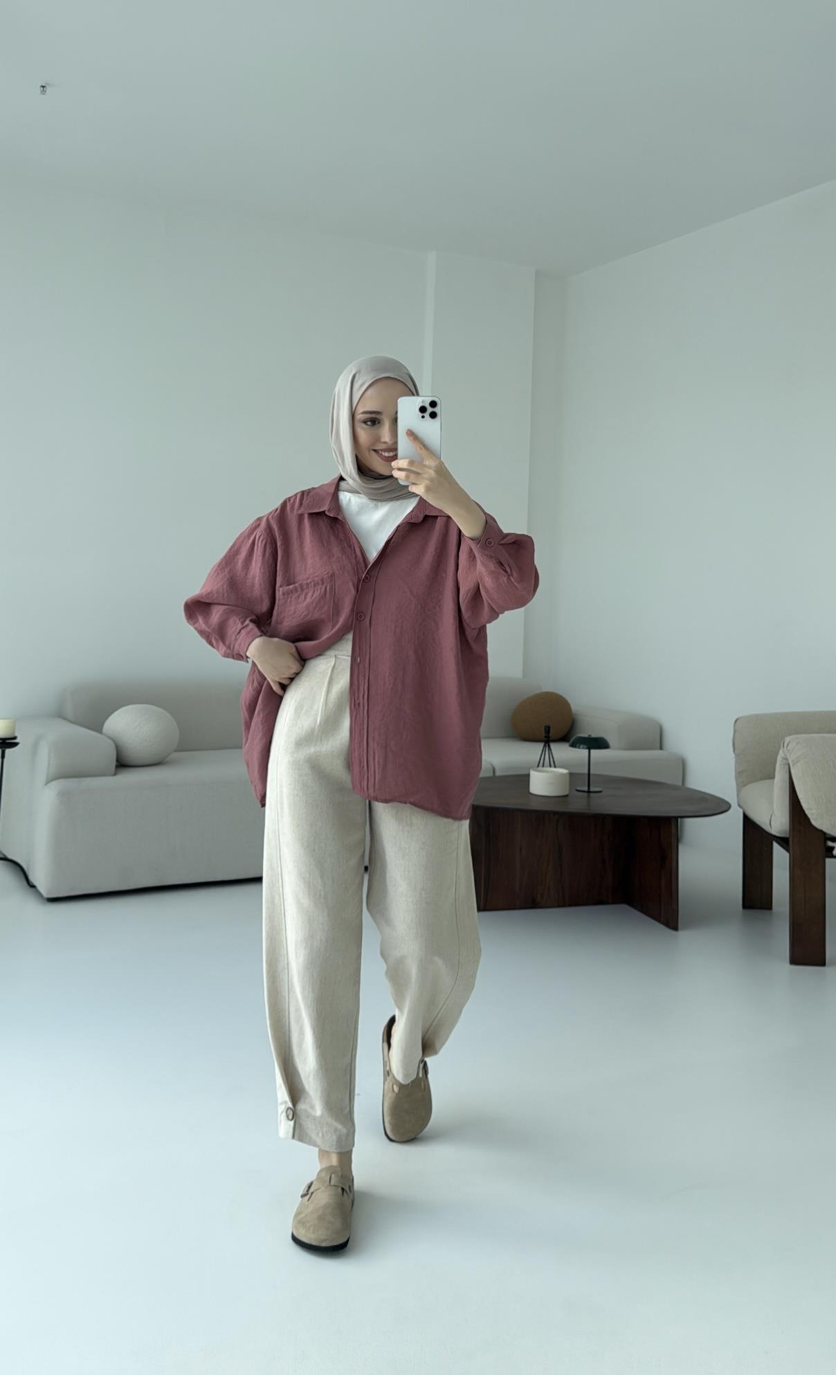 Düşük Omuz Oversize Gömlek Gül Kurusu