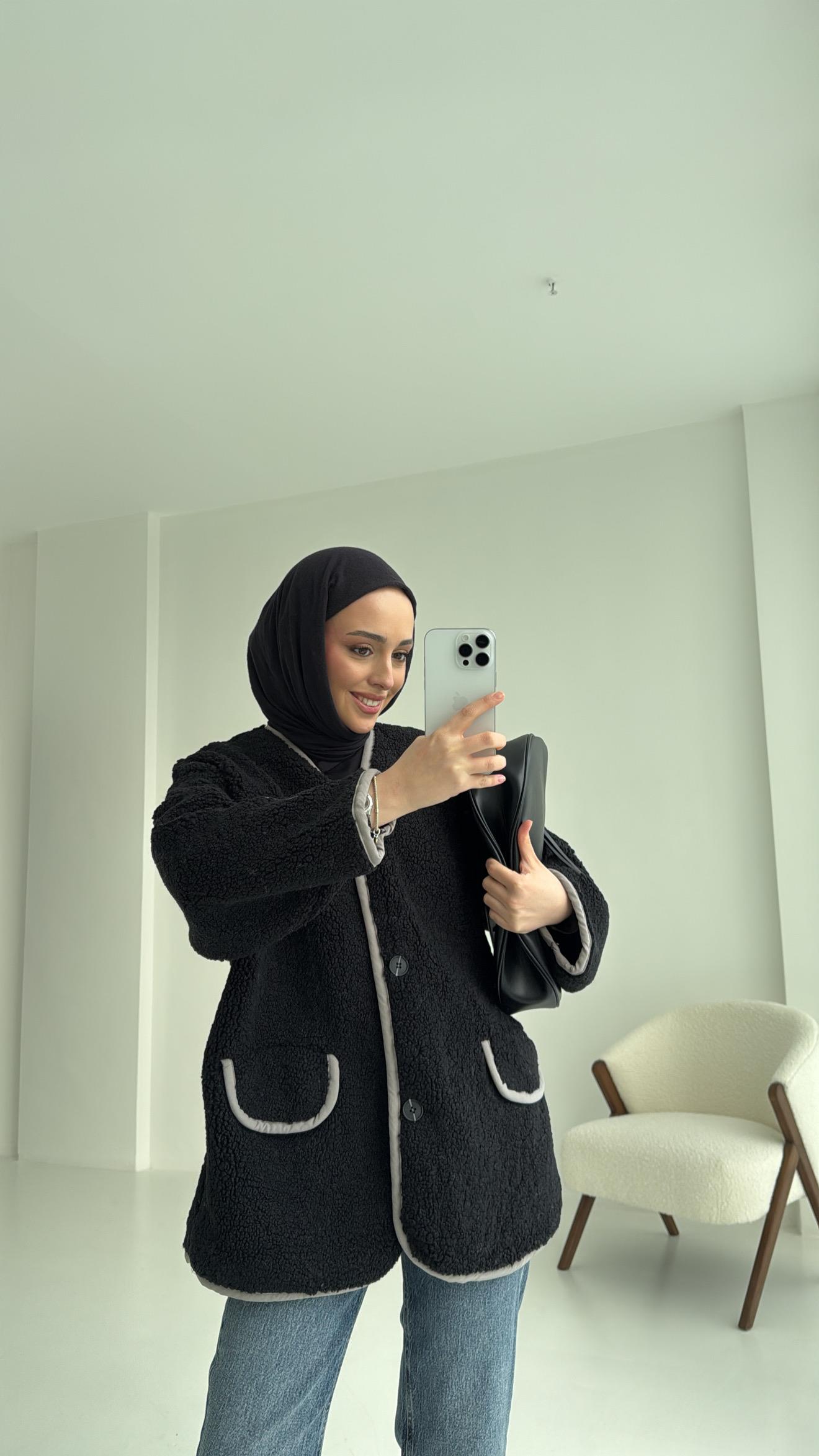 Düğmeli Oversize Teddy Ceket Siyah