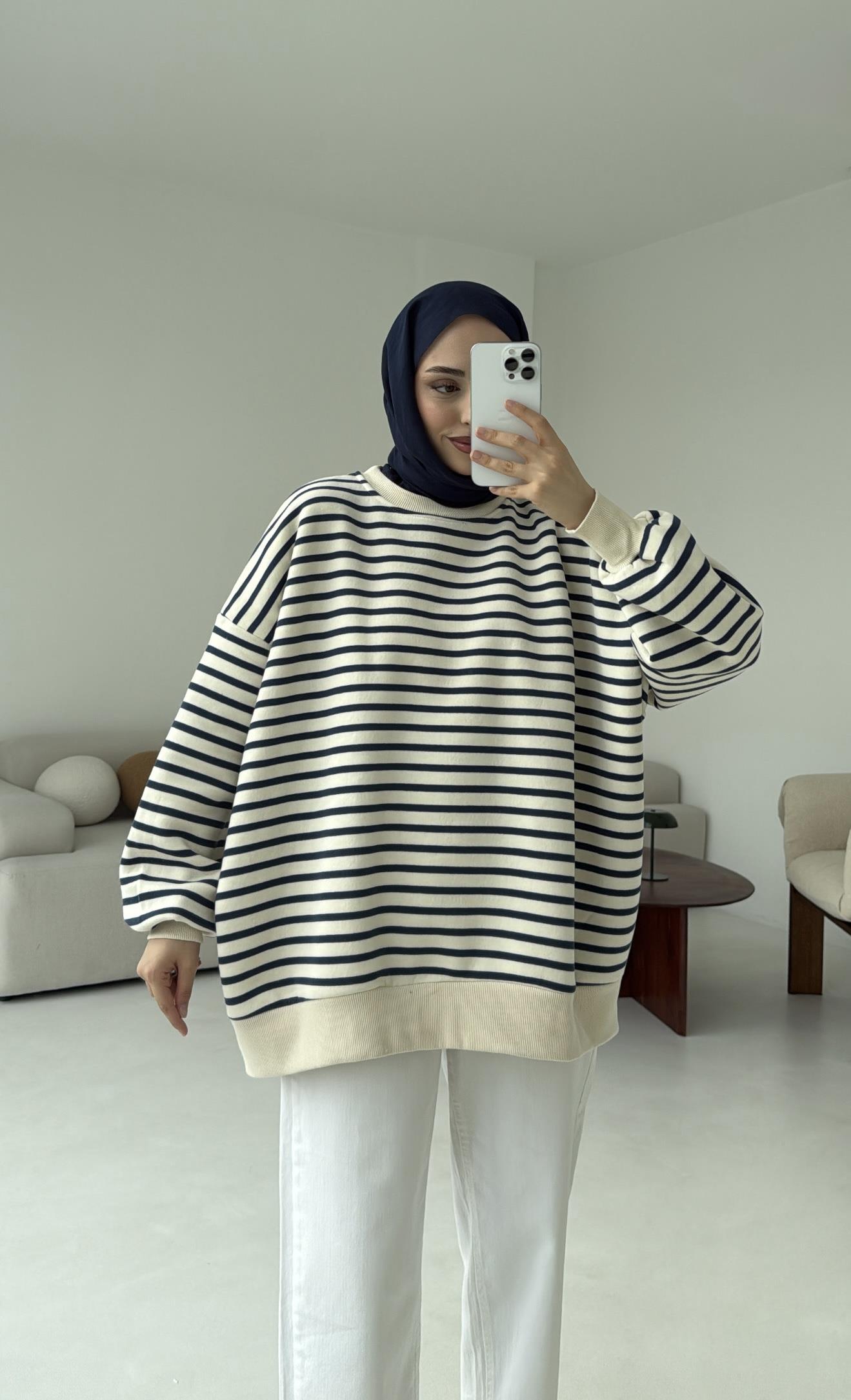 Çizgili Oversize Sweatshirt Lacivert