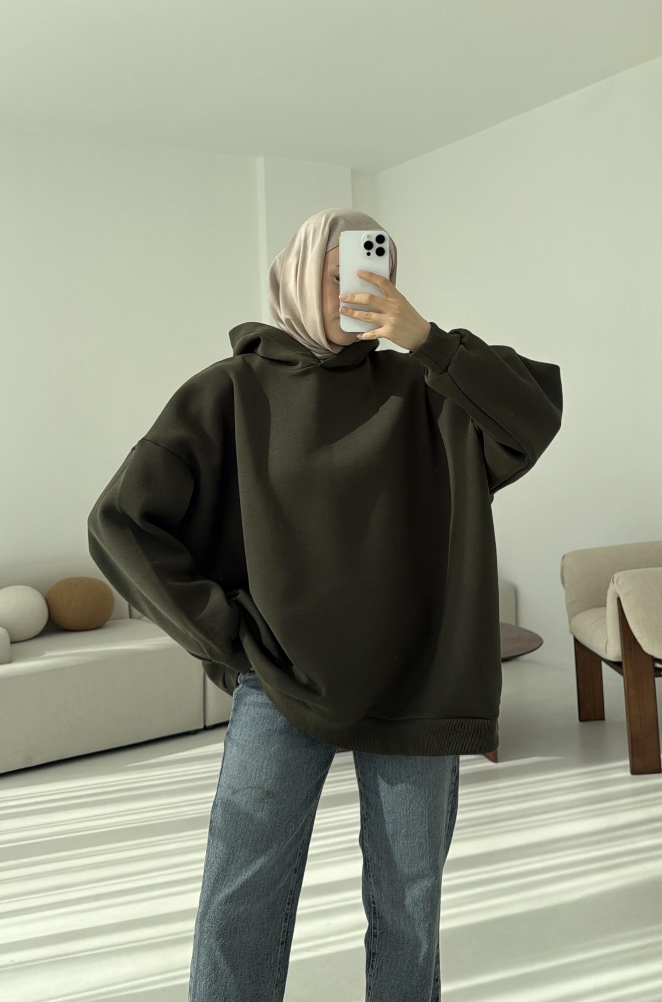 Kapüşonlu Oversize Şardonlu Sweatshirt Haki