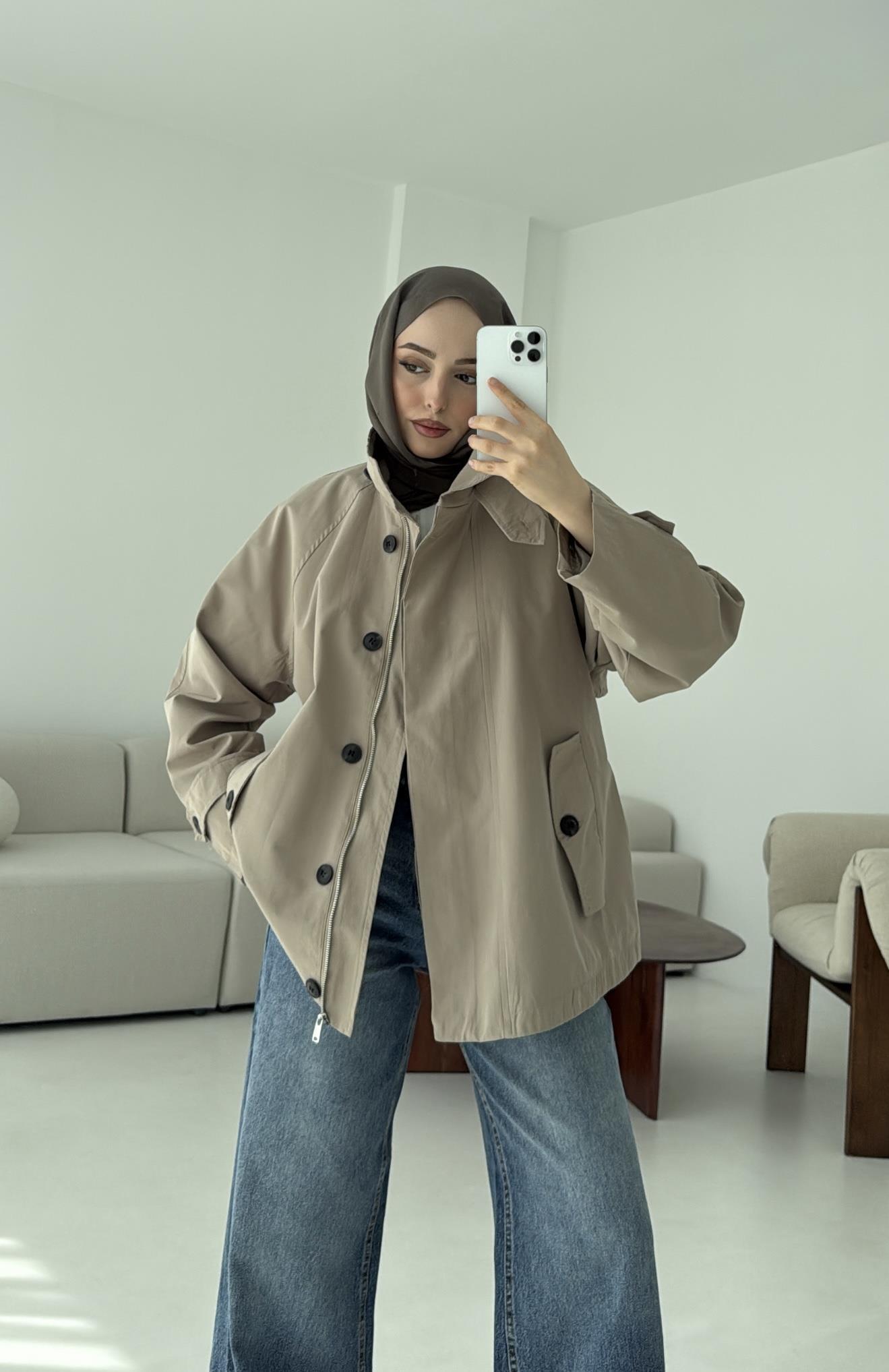 Minimal Yakalı Trençkot Vizon