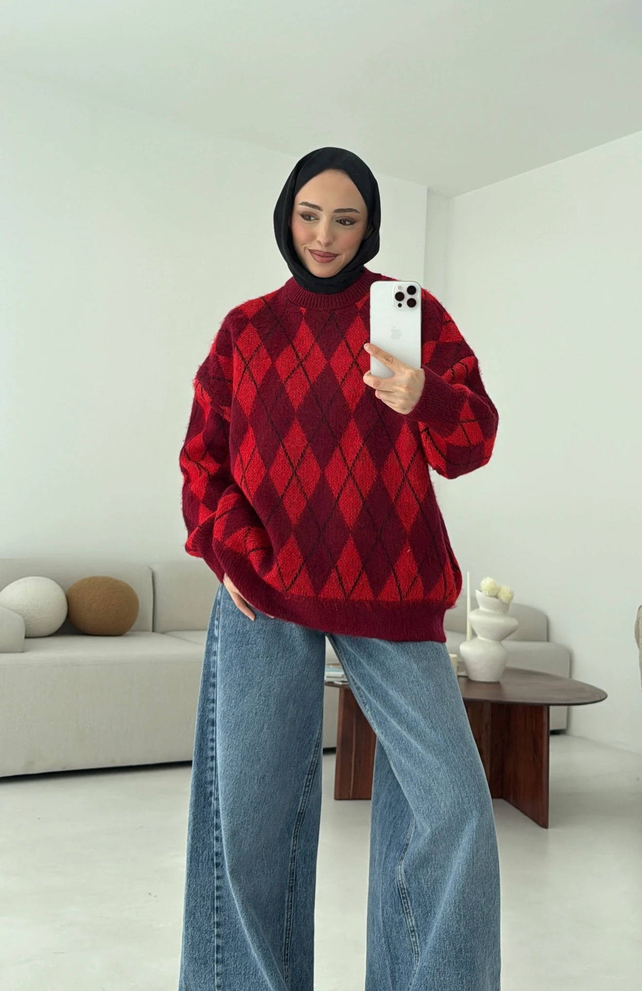 Baklava Desen Şardonlu Kazak Bordo