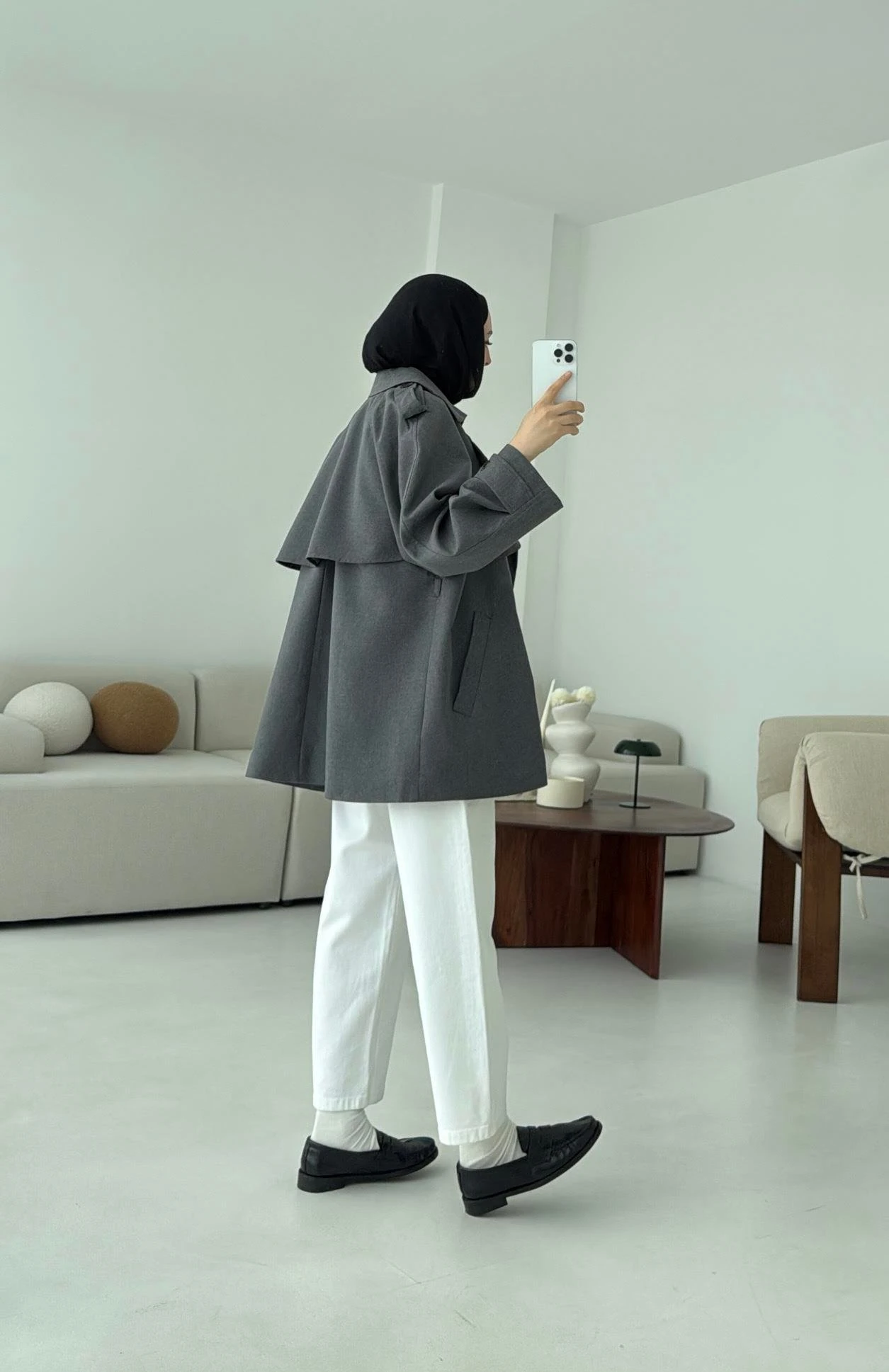 Deri Kemerli Trençkot Gri