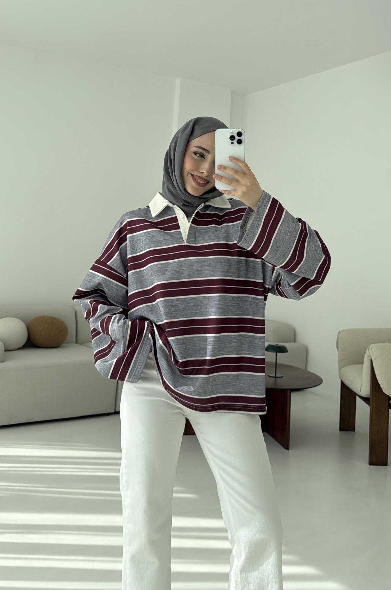Gri Çizgili Polo Yaka Sweatshrt