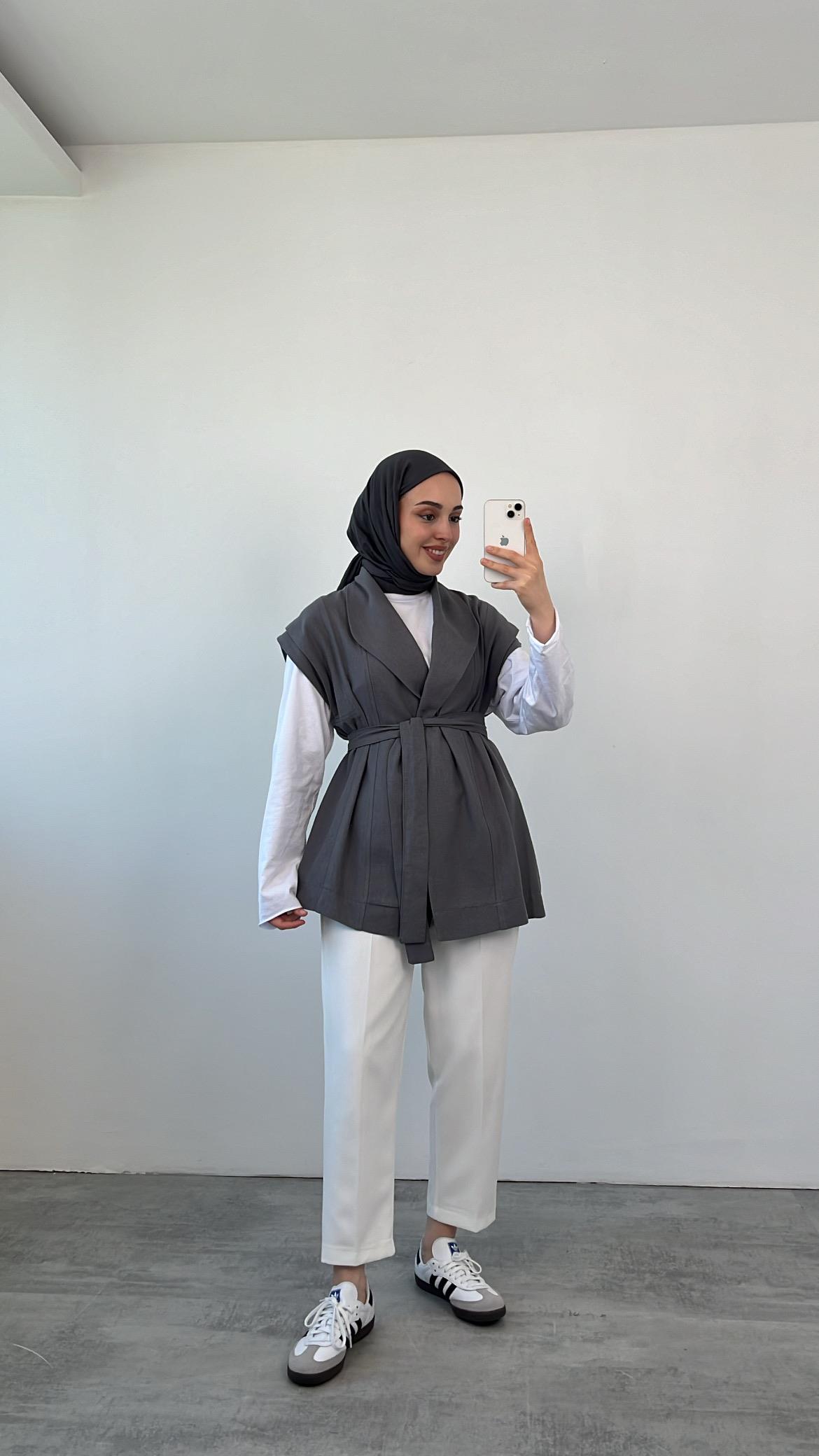 Bağlamalı Keten Yelek Gri