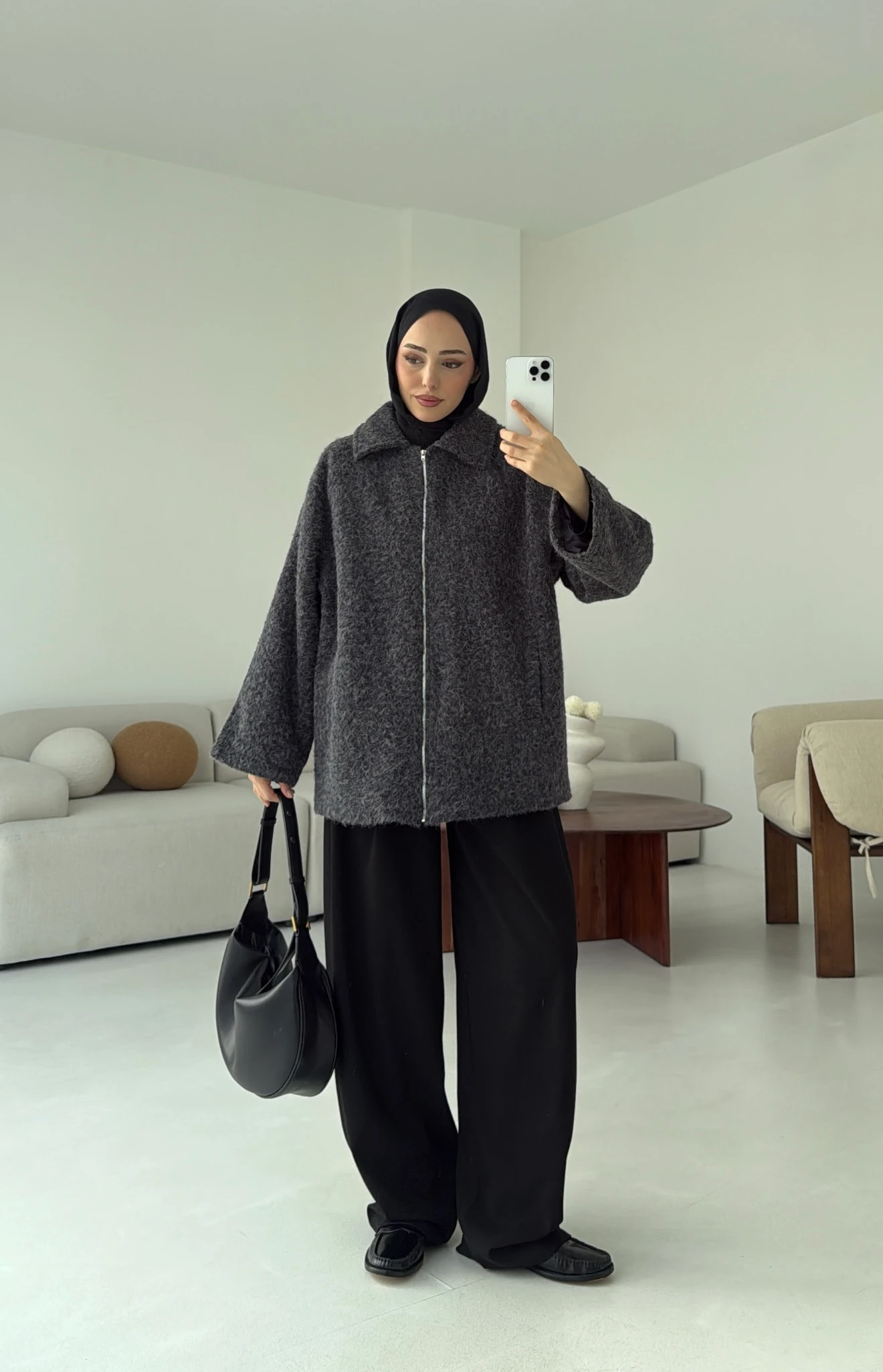 Kırçıllı Fermuarlı Kaban Antrasit